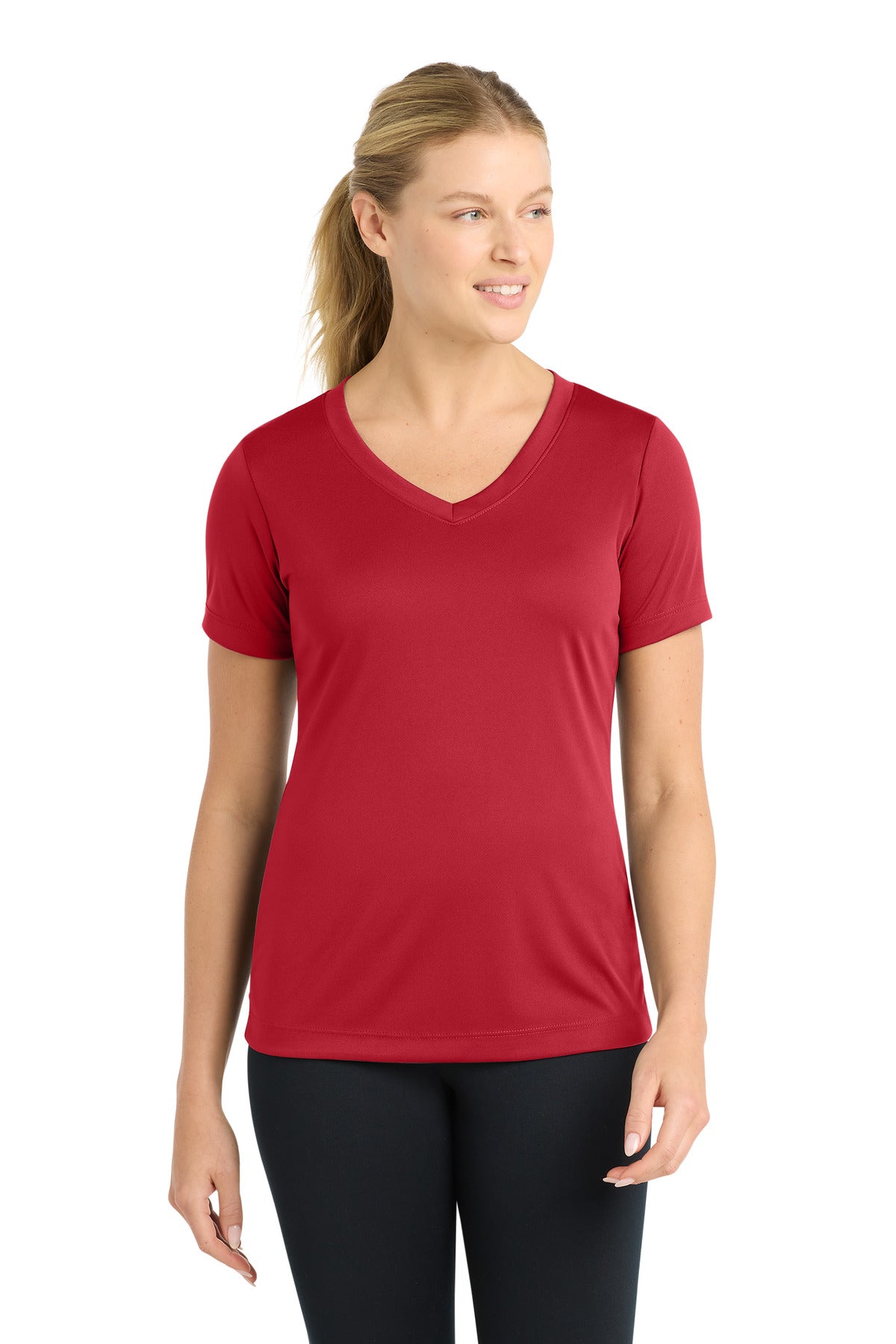 Custom logo Sport-Tek® Women's PosiCharge® Competitor™ V-Neck Tee. LST353 in Deep Red