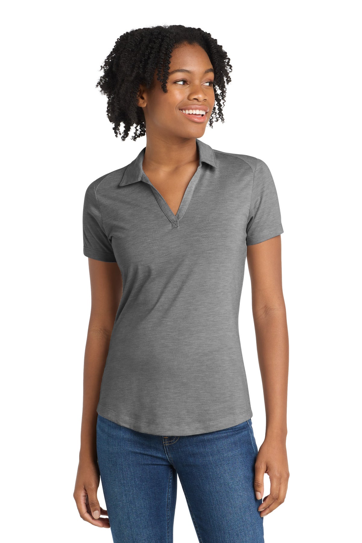 Custom logo Sport-Tek ® Women's PosiCharge ® Tri-Blend Wicking Polo. LST405 in Dark Grey Heather