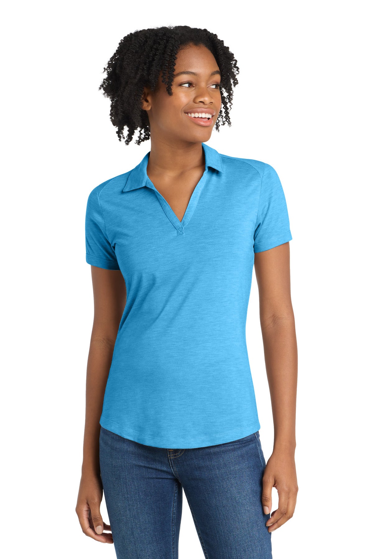 Custom logo Sport-Tek ® Women's PosiCharge ® Tri-Blend Wicking Polo. LST405 in Pond Blue Heather