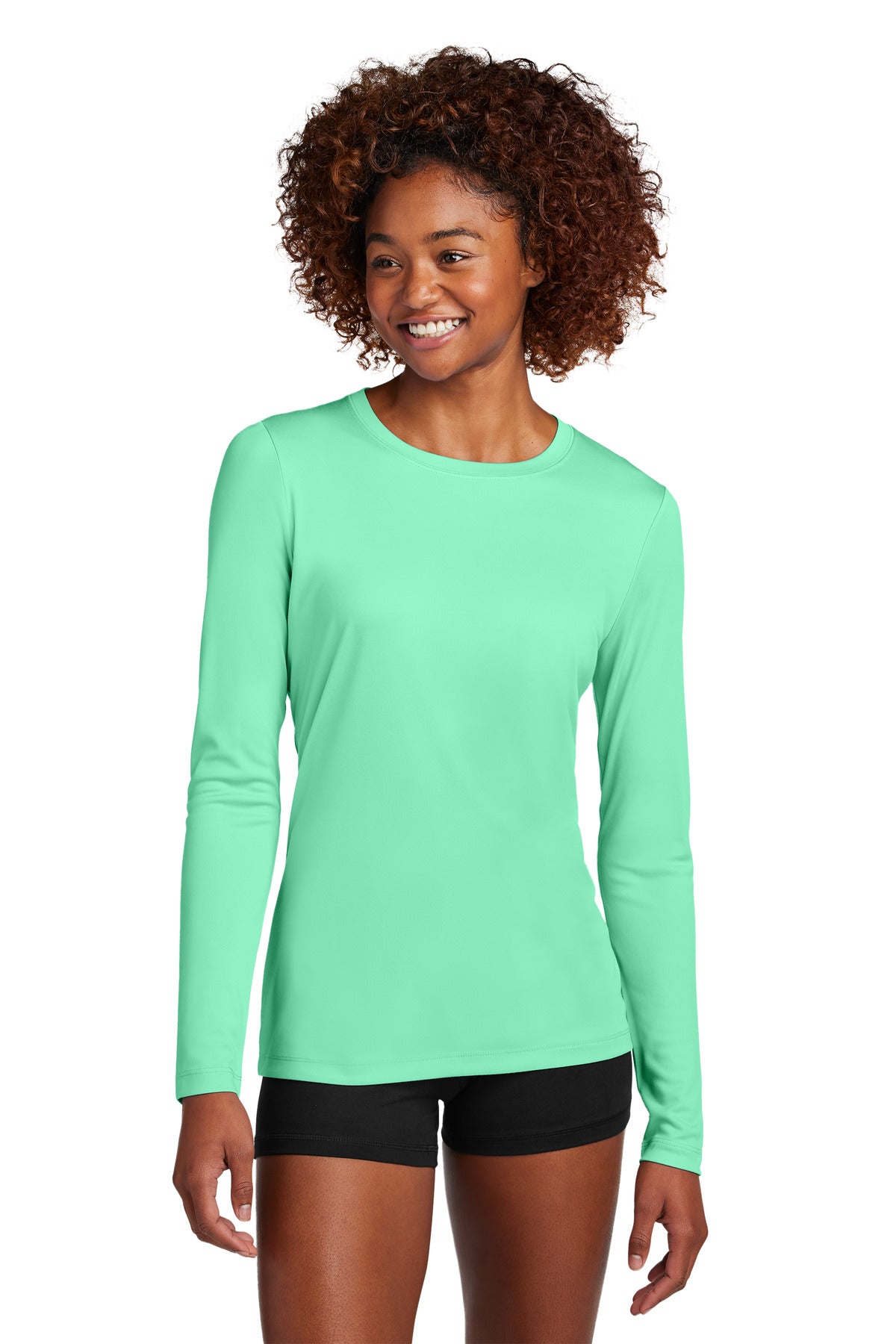 Custom logo Sport-Tek® Women's Posi-UV® Pro Long Sleeve LST420LS in Bright Seafoam