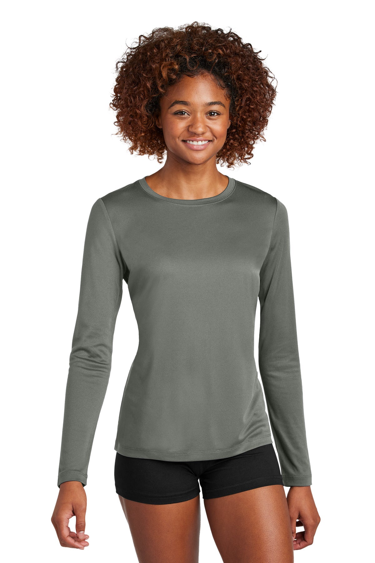 Custom logo Sport-Tek® Women's Posi-UV® Pro Long Sleeve LST420LS in Dark Smoke Grey