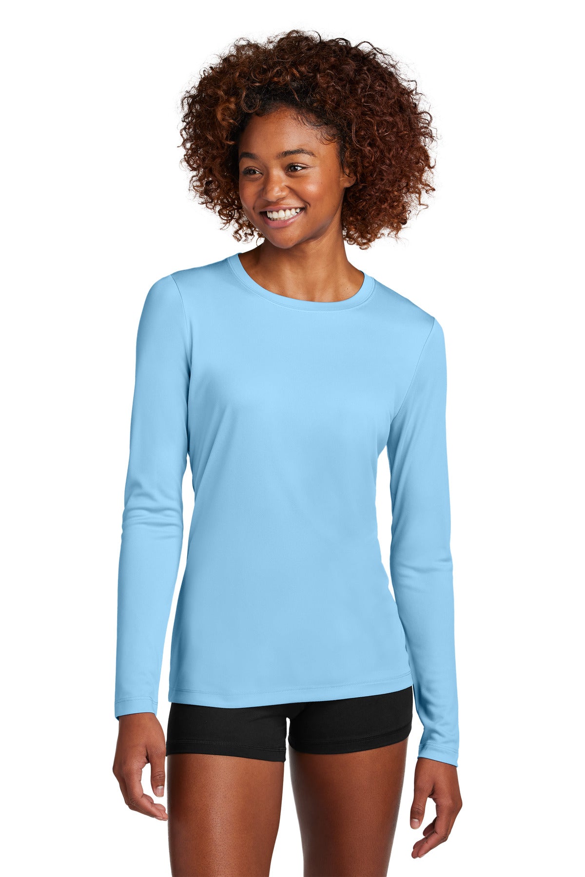 Custom logo Sport-Tek® Women's Posi-UV® Pro Long Sleeve LST420LS in Light Blue