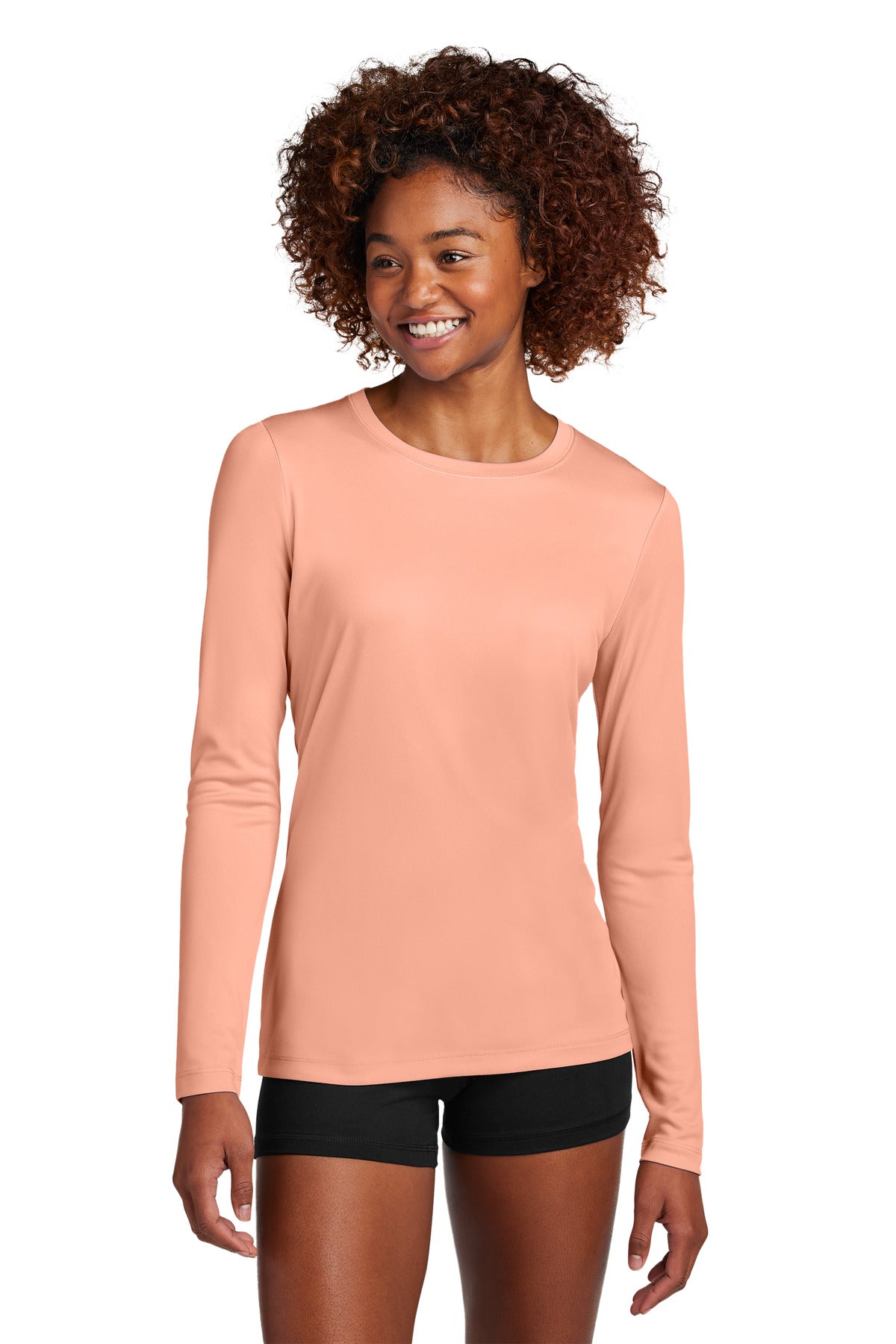 Custom logo Sport-Tek® Women's Posi-UV® Pro Long Sleeve LST420LS in Soft Coral