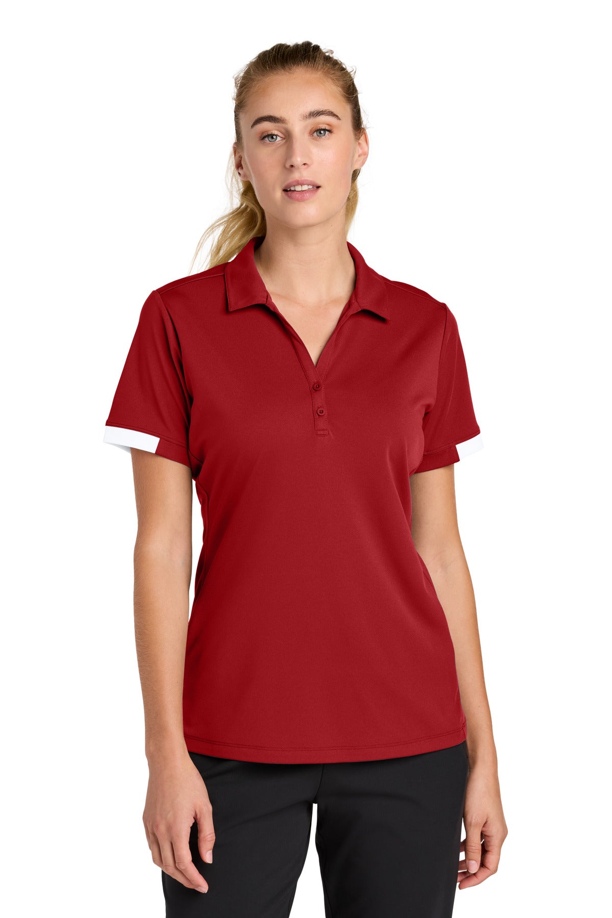 Custom logo Sport-Tek® Women's Club Colorblock Polo LST444 in Deep Red/ White
