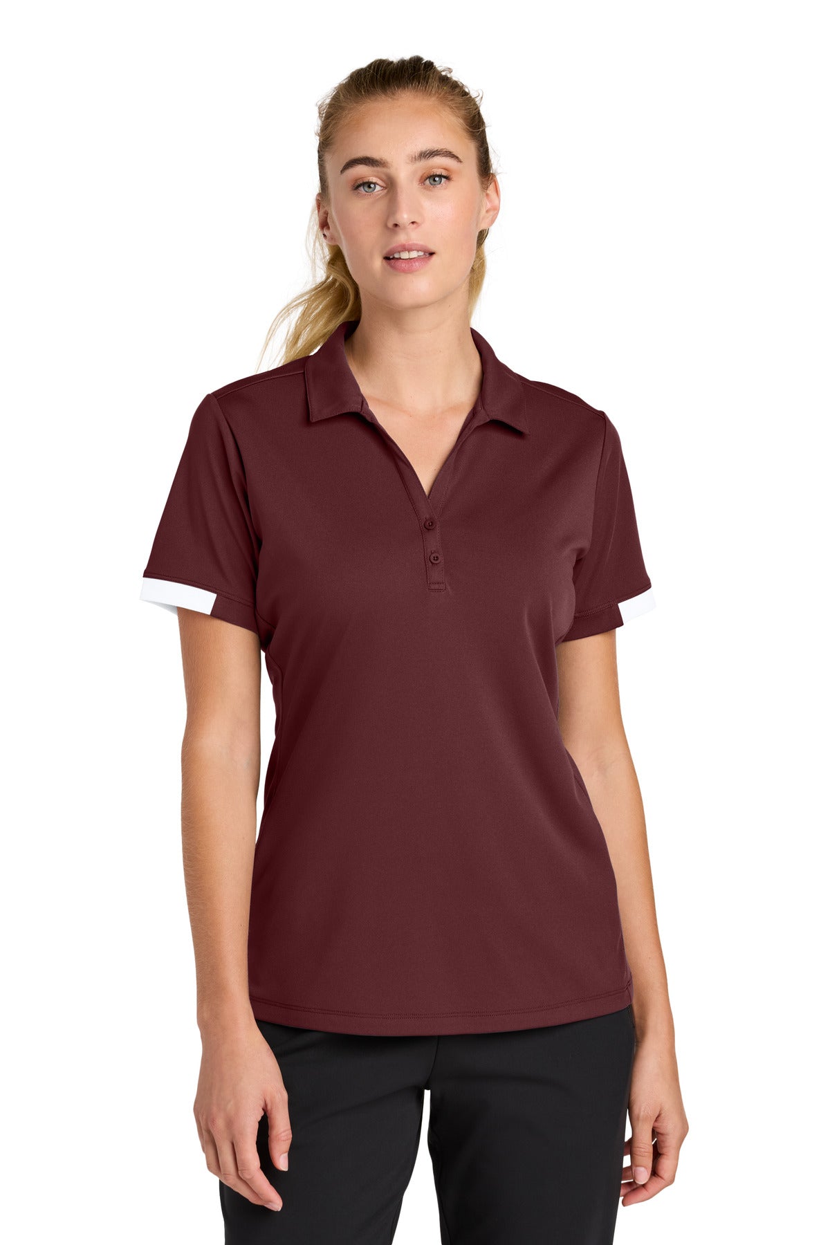 Custom logo Sport-Tek® Women's Club Colorblock Polo LST444 in Maroon/ White