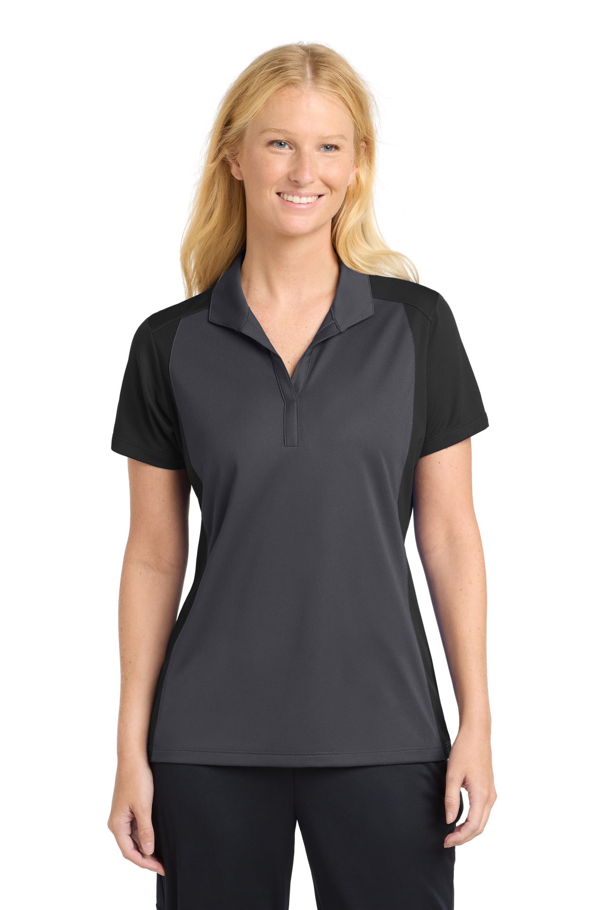 Custom logo Sport-Tek® Women's Colorblock Micropique Sport-Wick® Polo. LST652 in Iron Grey/ Black