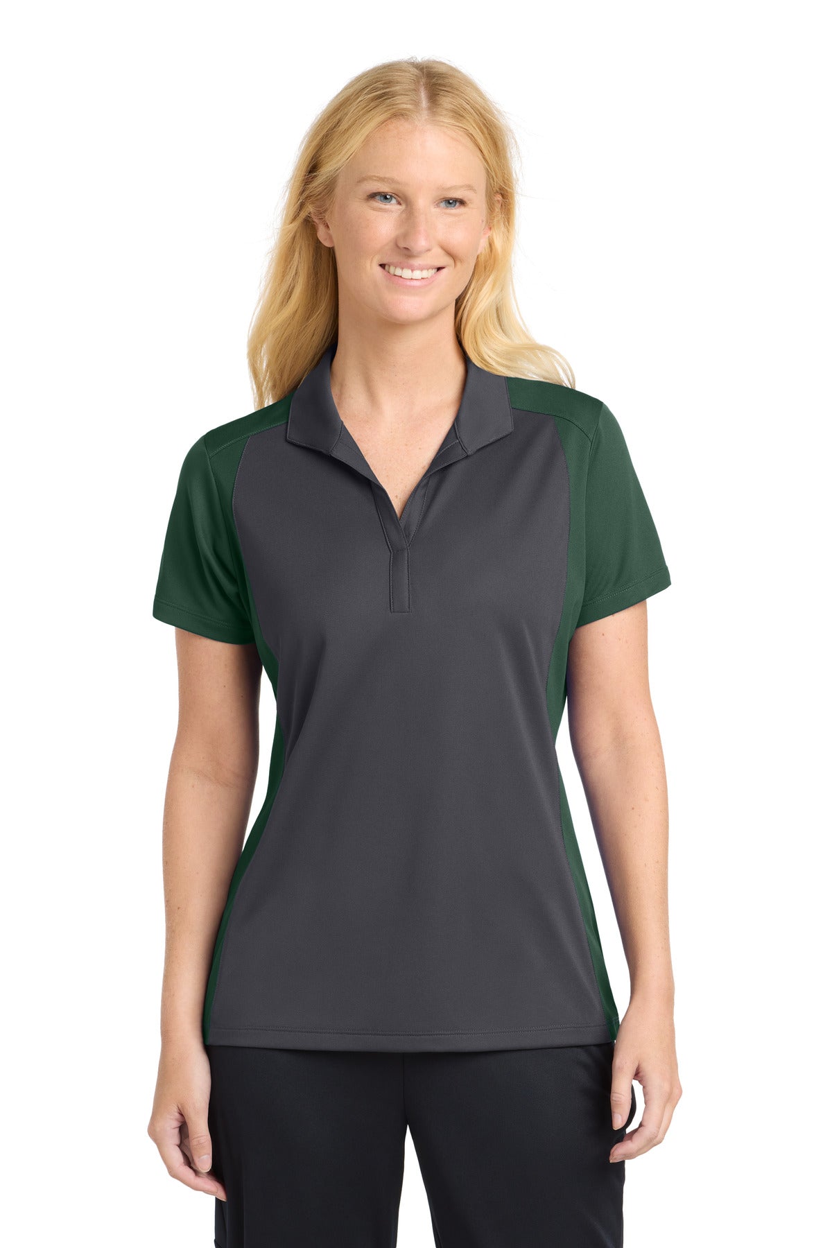 Custom logo Sport-Tek® Women's Colorblock Micropique Sport-Wick® Polo. LST652 in Iron Grey/ Forest Green
