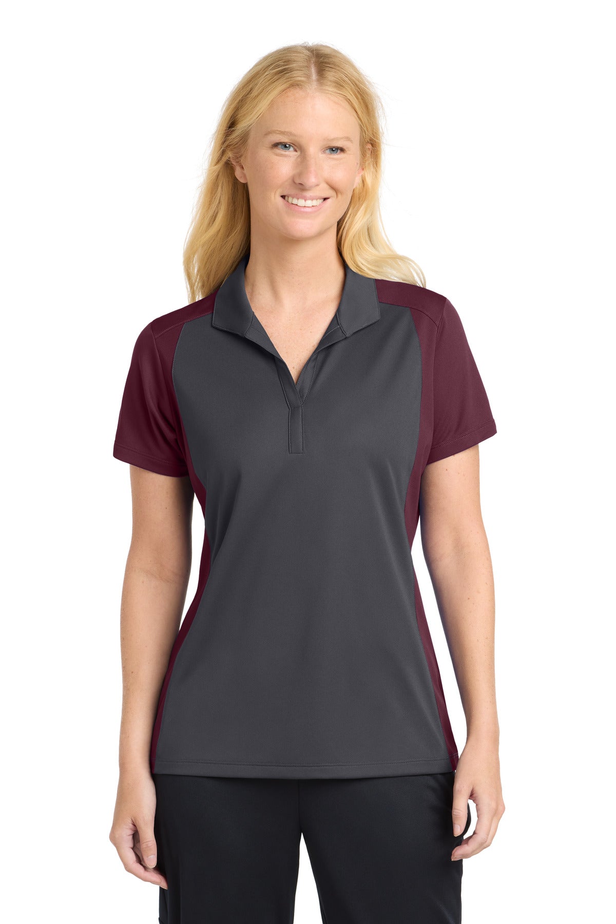 Custom logo Sport-Tek® Women's Colorblock Micropique Sport-Wick® Polo. LST652 in Iron Grey/ Maroon
