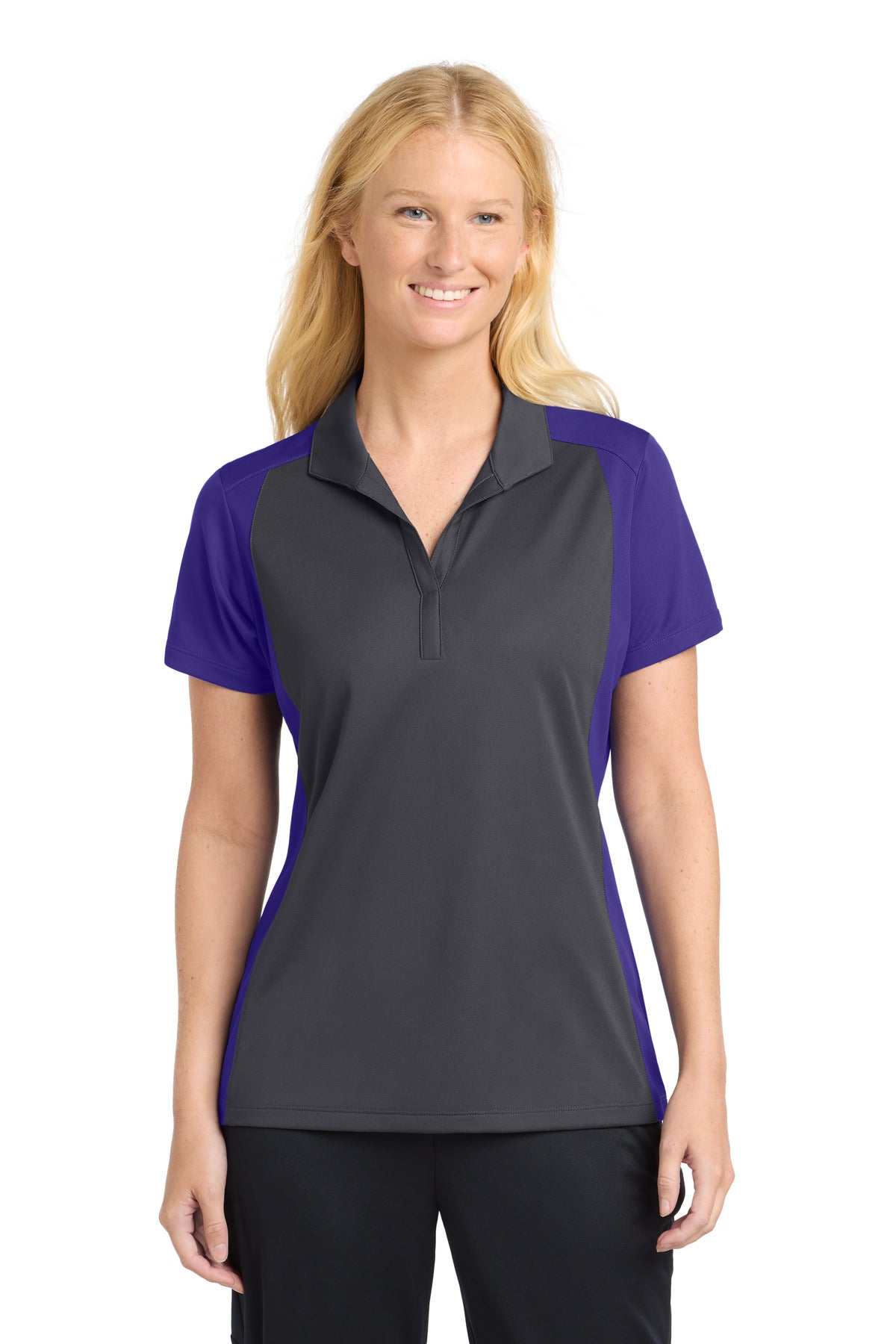 Custom logo Sport-Tek® Women's Colorblock Micropique Sport-Wick® Polo. LST652 in Iron Grey/ Purple