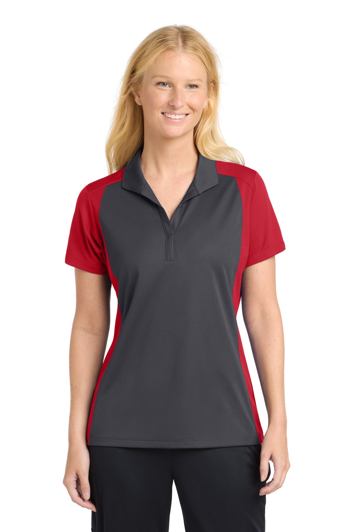 Custom logo Sport-Tek® Women's Colorblock Micropique Sport-Wick® Polo. LST652 in Iron Grey/ True Red