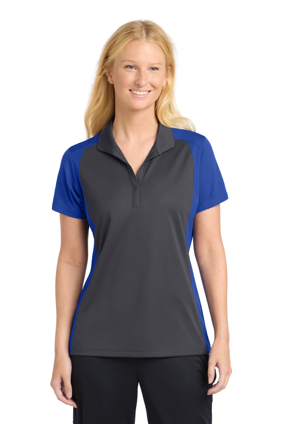 Custom logo Sport-Tek® Women's Colorblock Micropique Sport-Wick® Polo. LST652 in Iron Grey/ True Royal