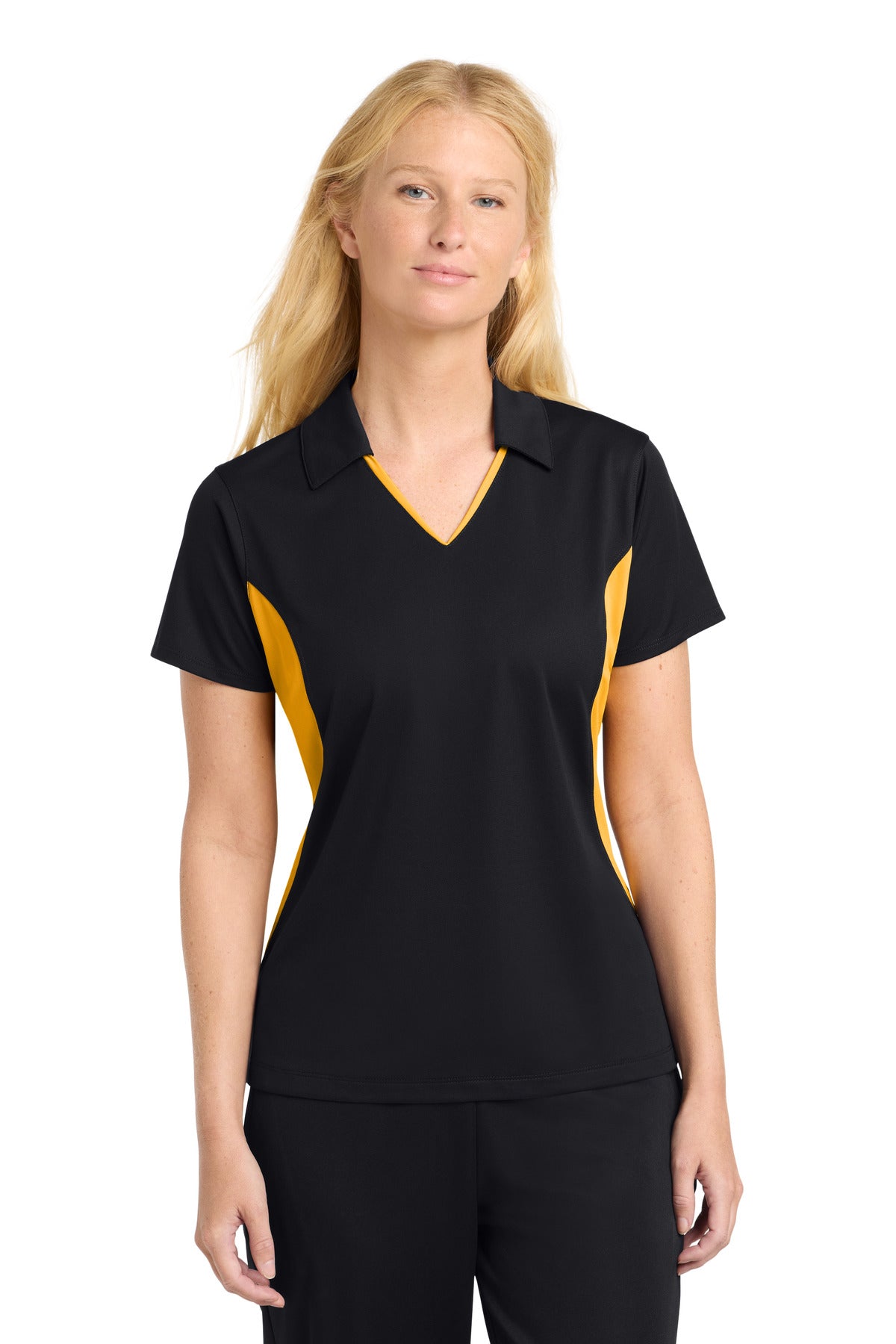 Custom logo Sport-Tek® Women's Side Blocked Micropique Sport-Wick® Polo. LST655 in Black/ Gold
