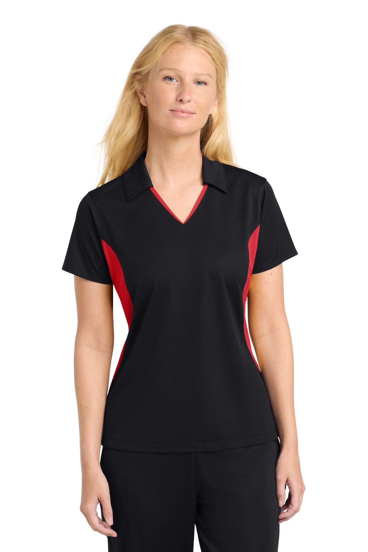 Custom logo Sport-Tek® Women's Side Blocked Micropique Sport-Wick® Polo. LST655 in Black/ True Red