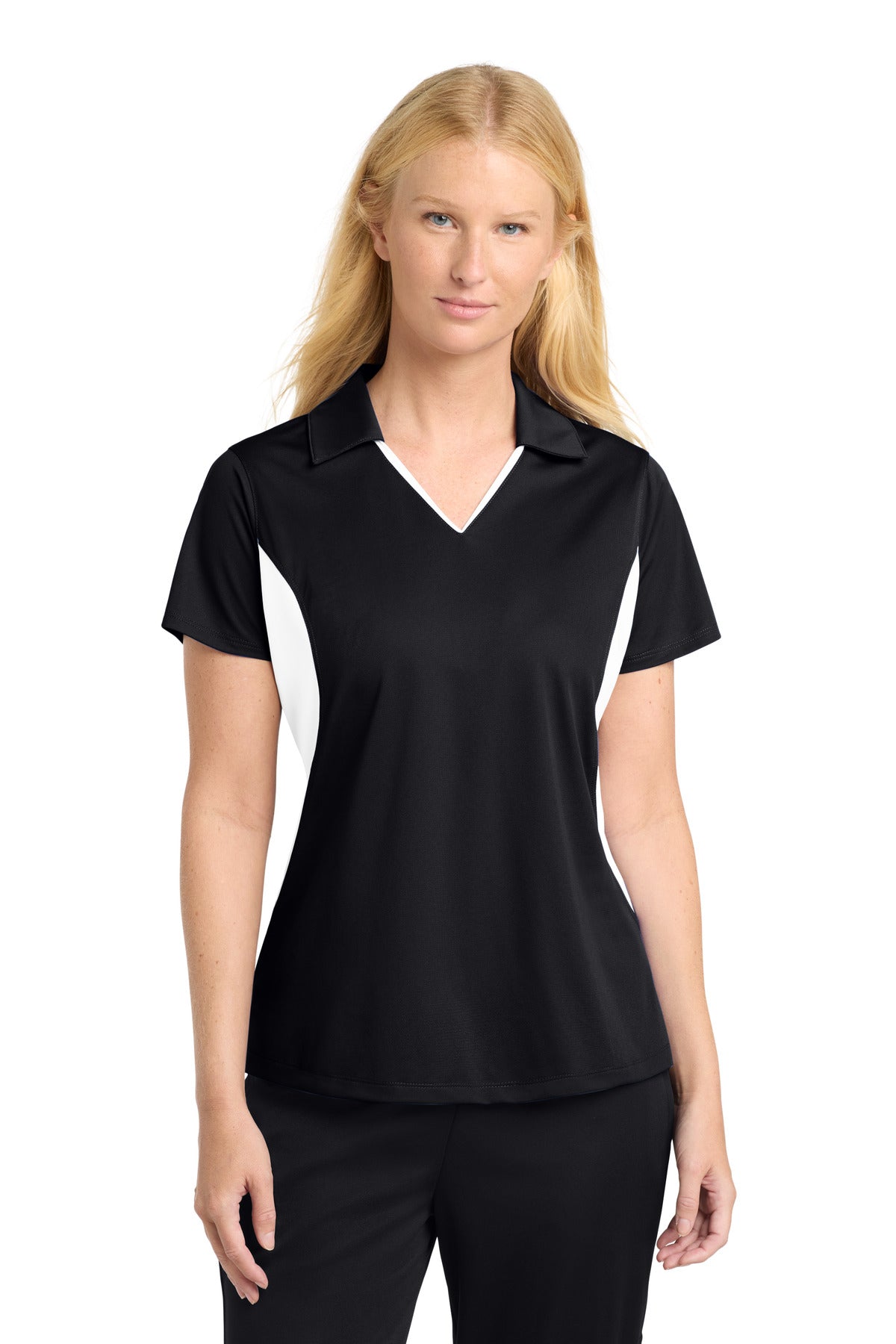 Custom logo Sport-Tek® Women's Side Blocked Micropique Sport-Wick® Polo. LST655 in Black/ White
