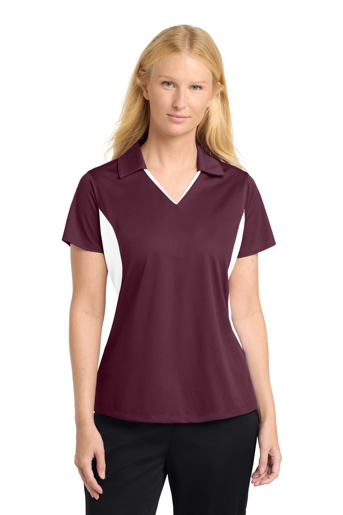 Custom logo Sport-Tek® Women's Side Blocked Micropique Sport-Wick® Polo. LST655 in Maroon/ White
