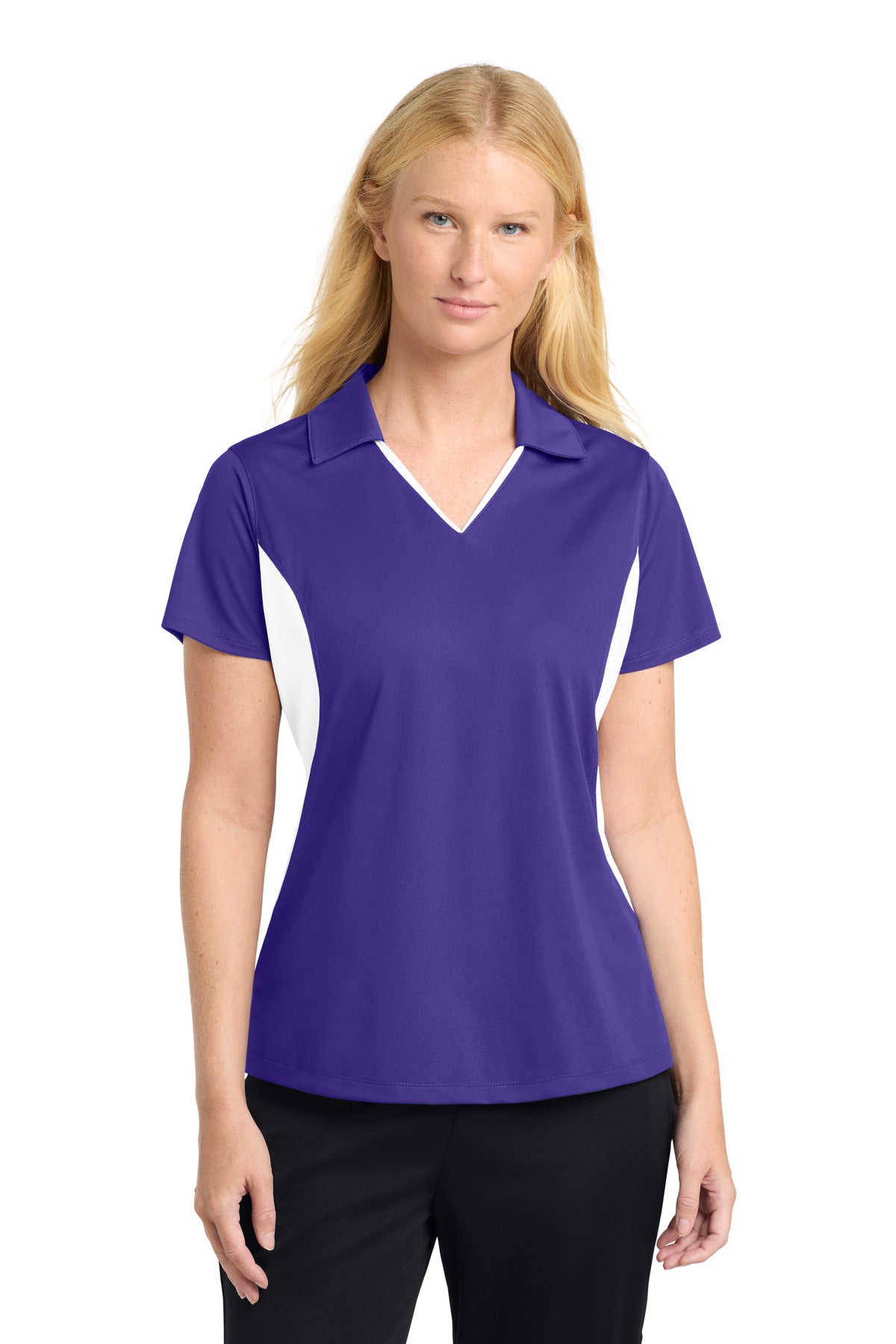 Custom logo Sport-Tek® Women's Side Blocked Micropique Sport-Wick® Polo. LST655 in Purple/ White