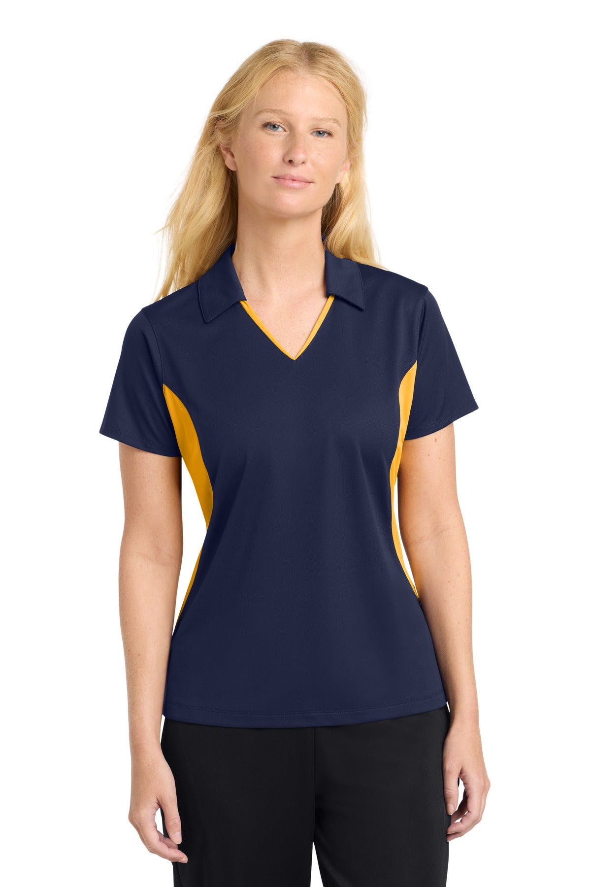 Custom logo Sport-Tek® Women's Side Blocked Micropique Sport-Wick® Polo. LST655 in True Navy/ Gold