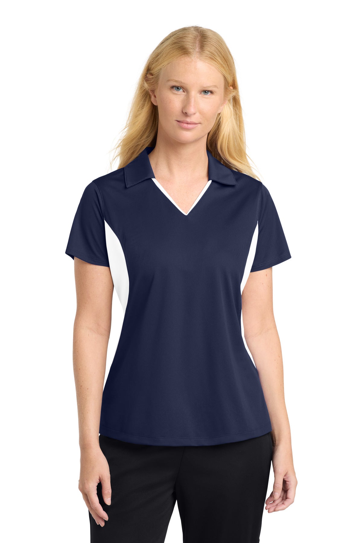 Custom logo Sport-Tek® Women's Side Blocked Micropique Sport-Wick® Polo. LST655 in True Navy/ White