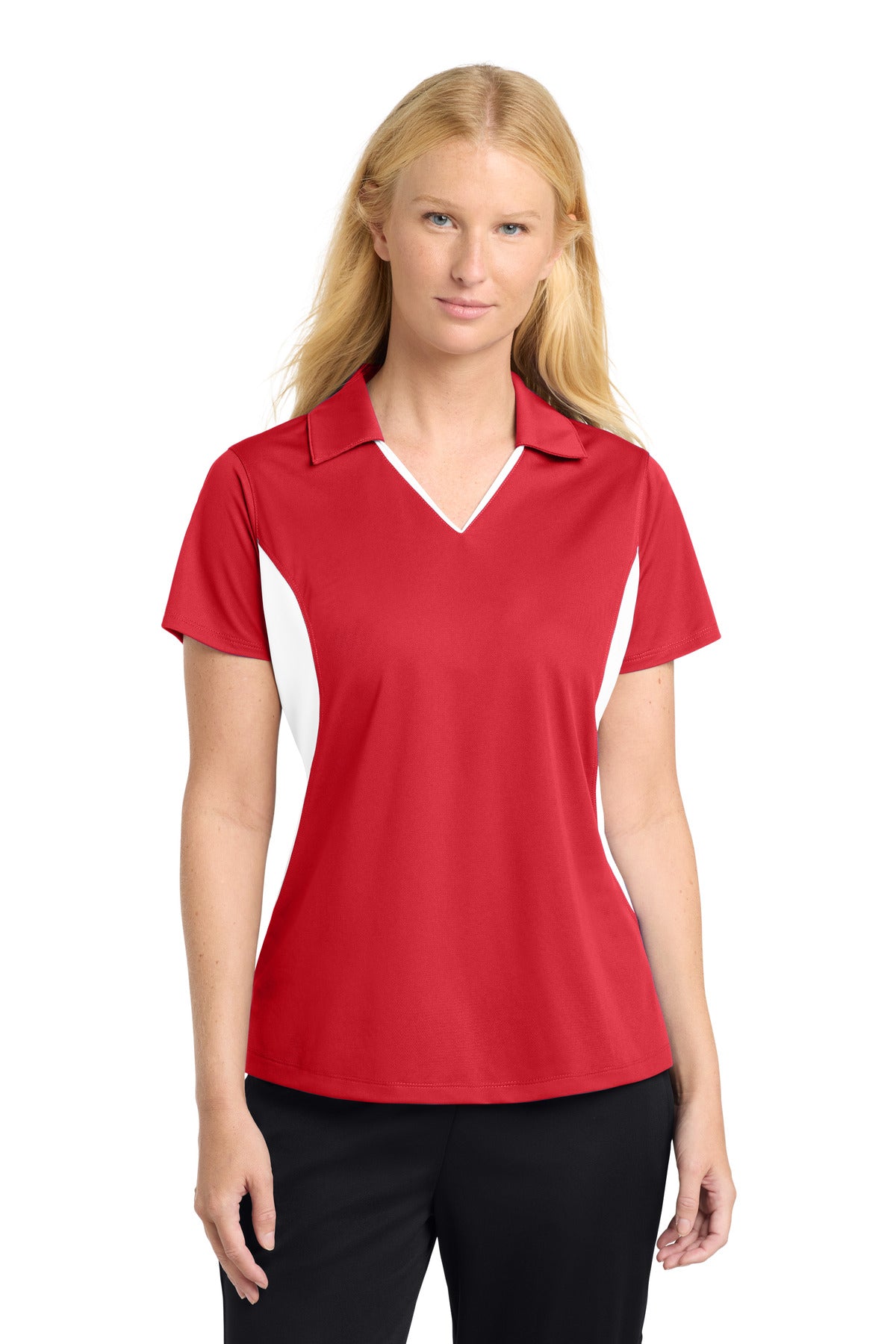 Custom logo Sport-Tek® Women's Side Blocked Micropique Sport-Wick® Polo. LST655 in True Red/ White
