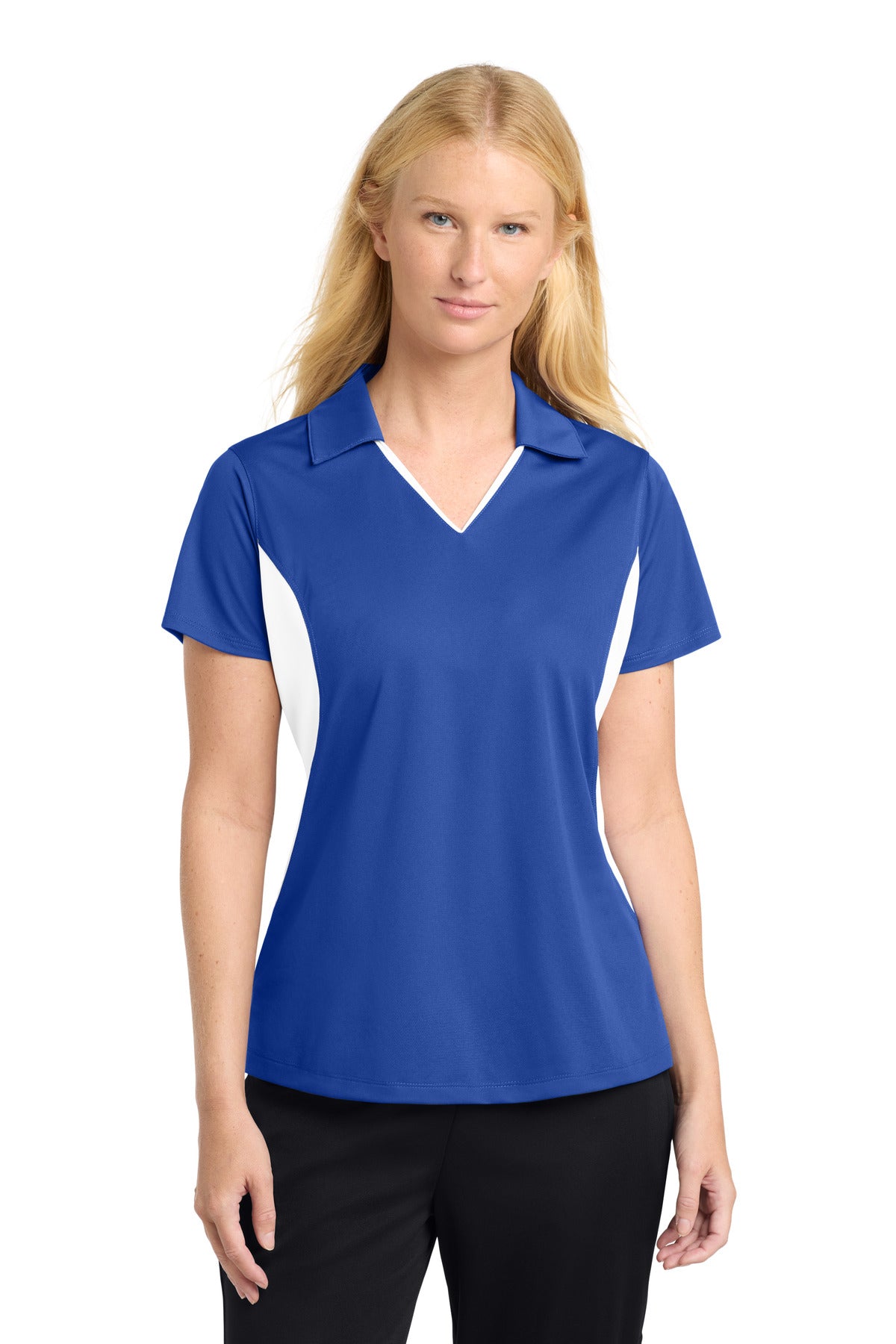 Custom logo Sport-Tek® Women's Side Blocked Micropique Sport-Wick® Polo. LST655 in True Royal/ White