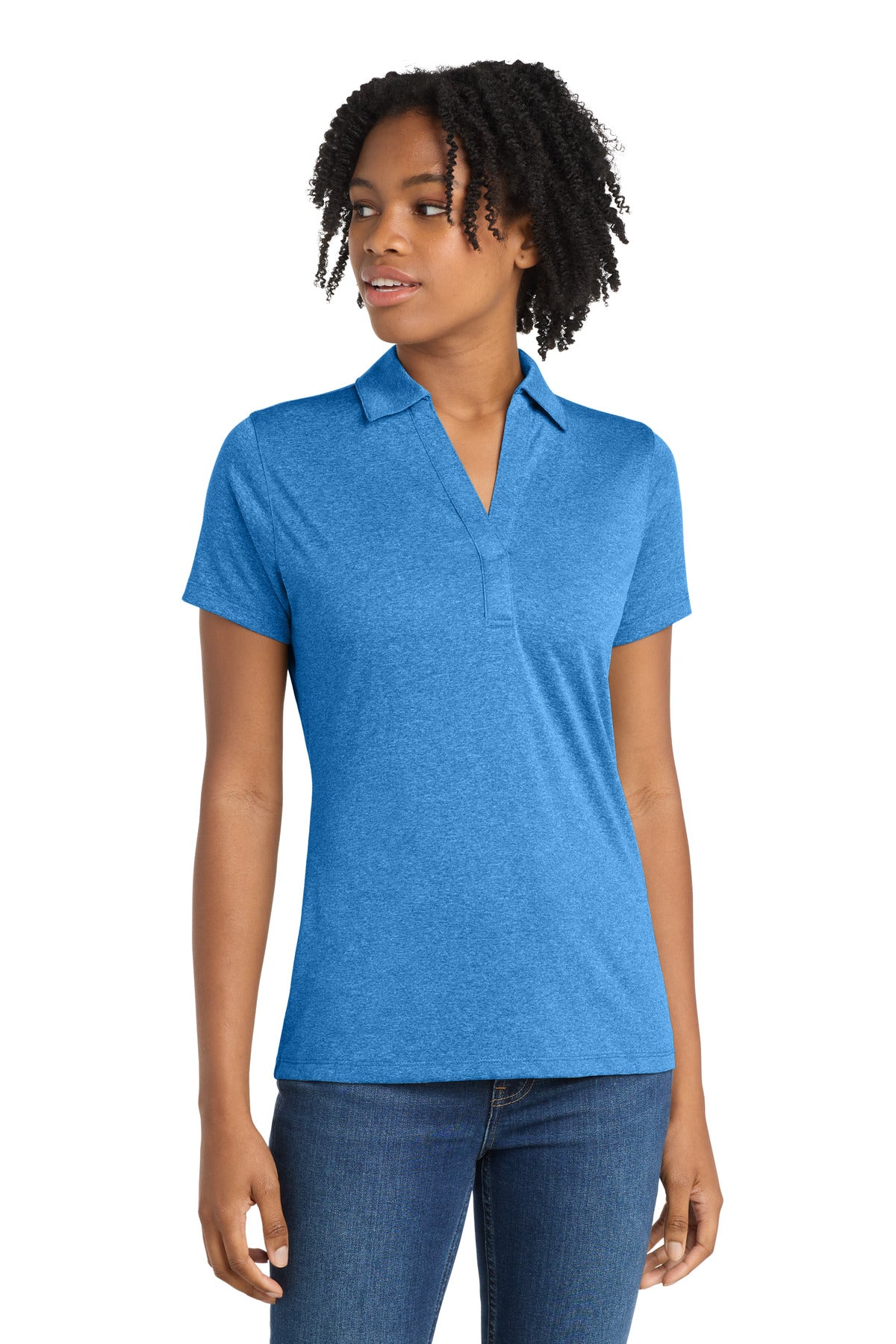 Custom logo Sport-Tek® Women's Heather Contender™ Polo. LST660 in Blue Wake Heather