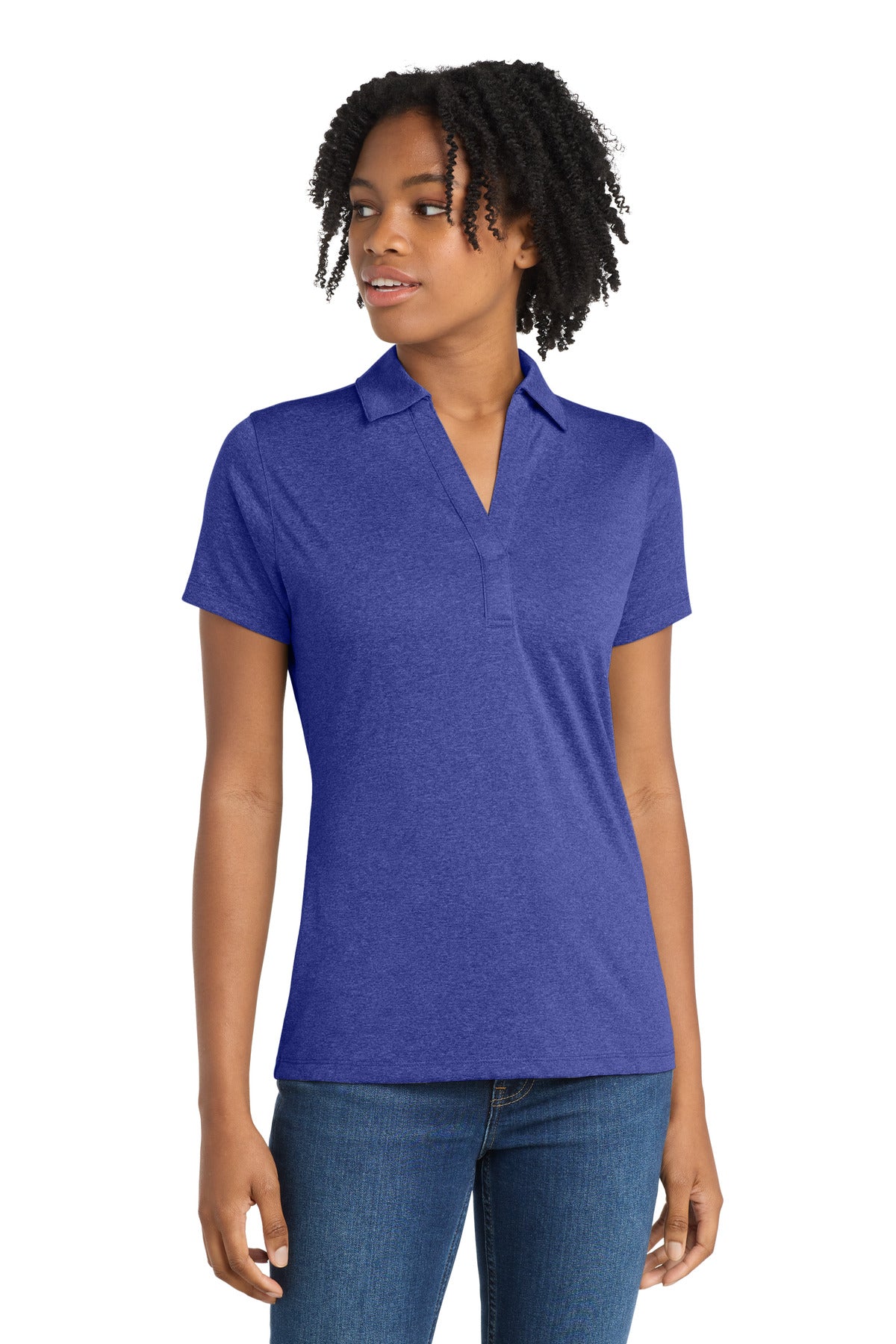Custom logo Sport-Tek® Women's Heather Contender™ Polo. LST660 in Cobalt Heather