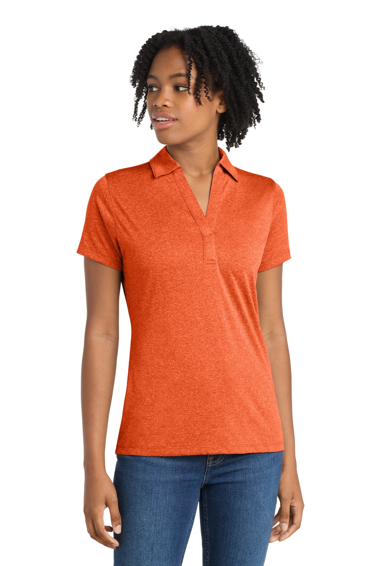 Custom logo Sport-Tek® Women's Heather Contender™ Polo. LST660 in Deep Orange Heather