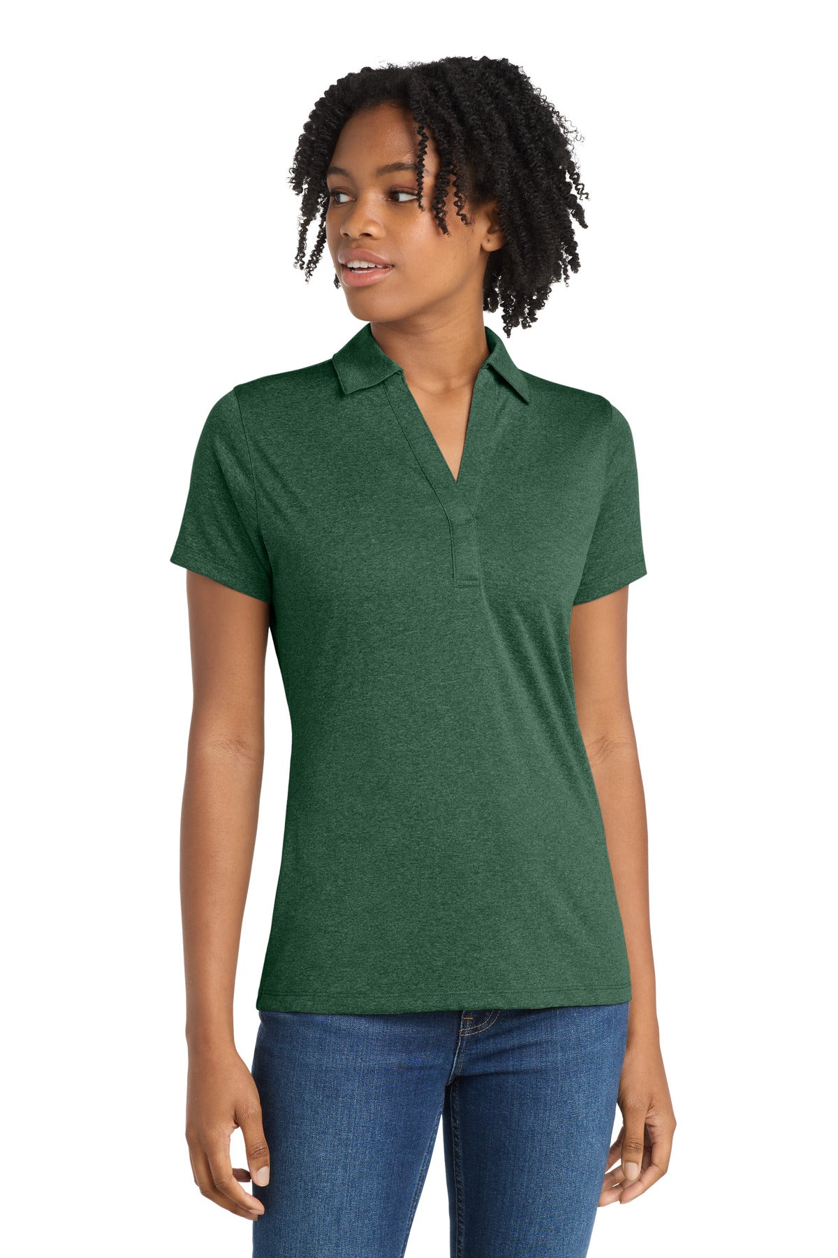 Custom logo Sport-Tek® Women's Heather Contender™ Polo. LST660 in Forest Green Heather