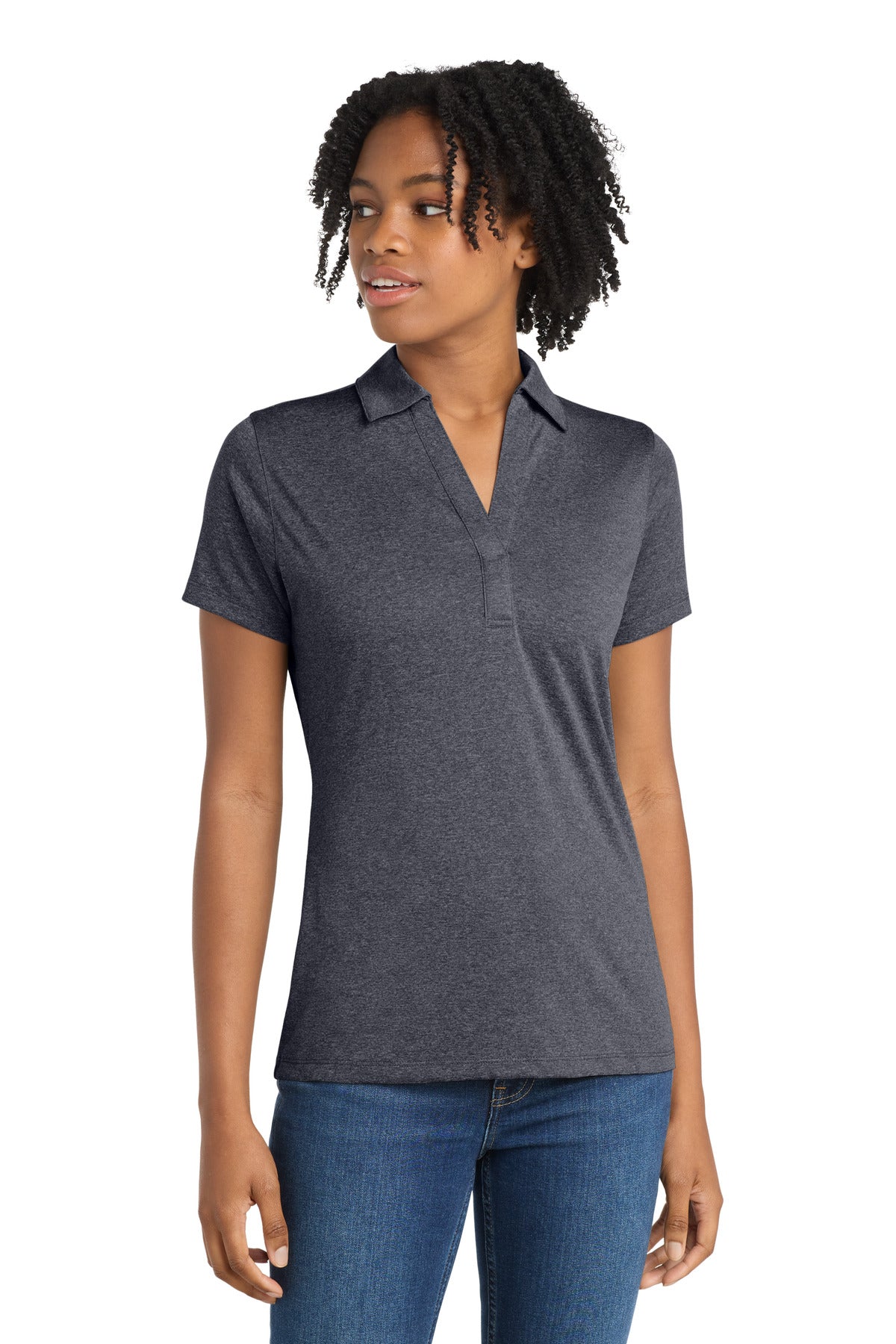 Custom logo Sport-Tek® Women's Heather Contender™ Polo. LST660 in Graphite Heather