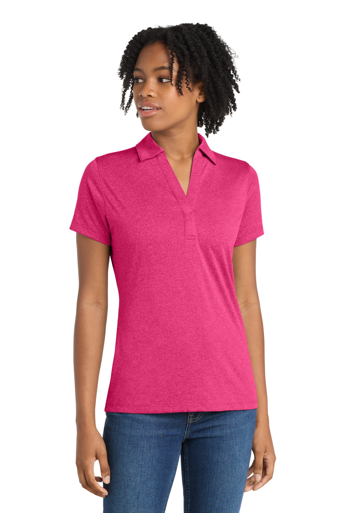 Custom logo Sport-Tek® Women's Heather Contender™ Polo. LST660 in Pink Raspberry Heather