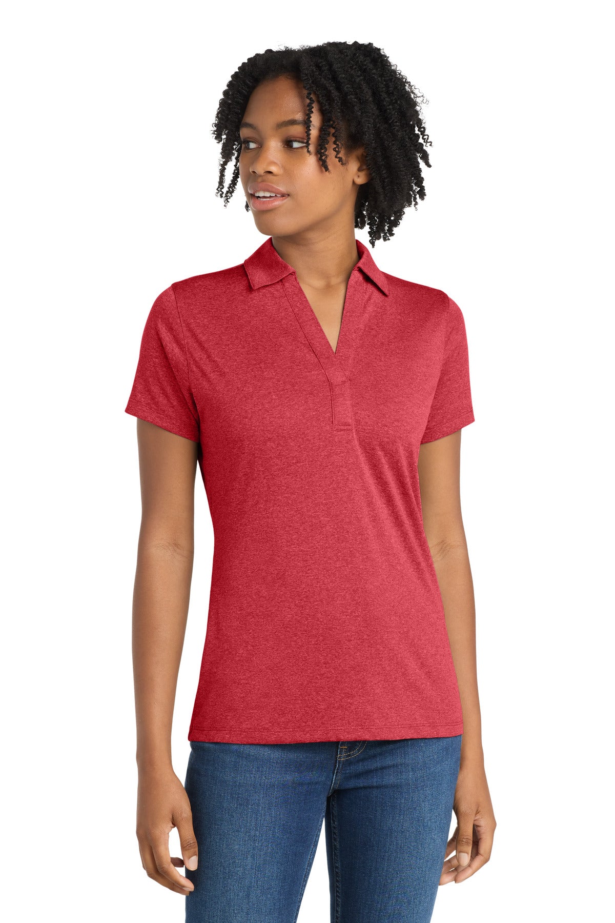 Custom logo Sport-Tek® Women's Heather Contender™ Polo. LST660 in Scarlet Heather