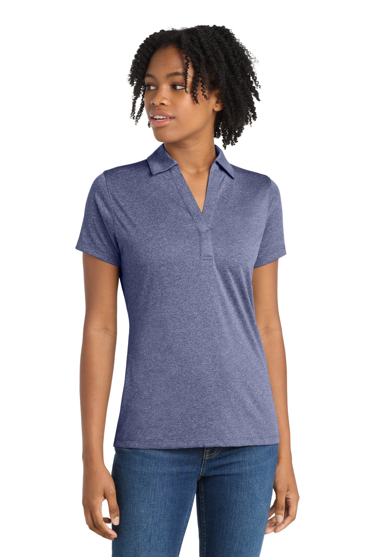 Custom logo Sport-Tek® Women's Heather Contender™ Polo. LST660 in True Navy Heather