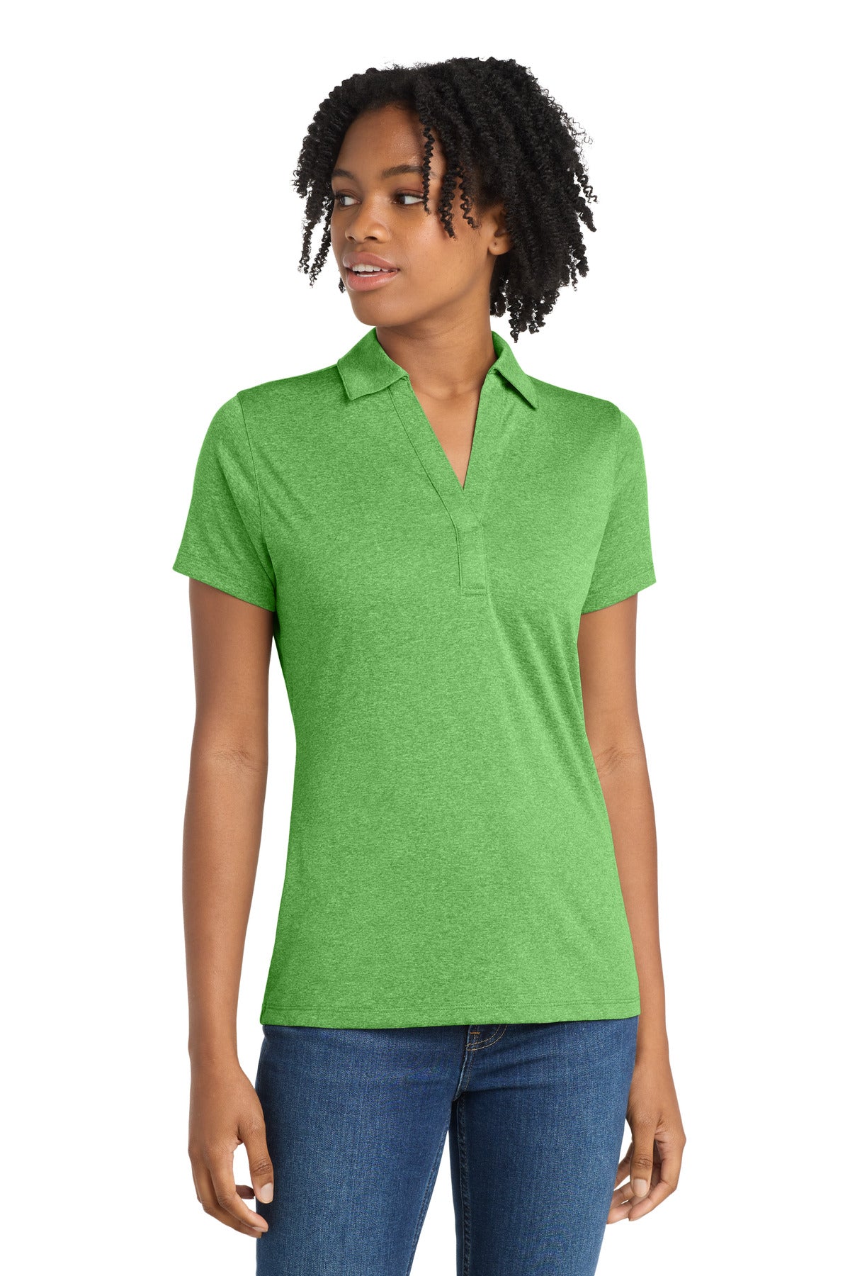 Custom logo Sport-Tek® Women's Heather Contender™ Polo. LST660 in Turf Green Heather