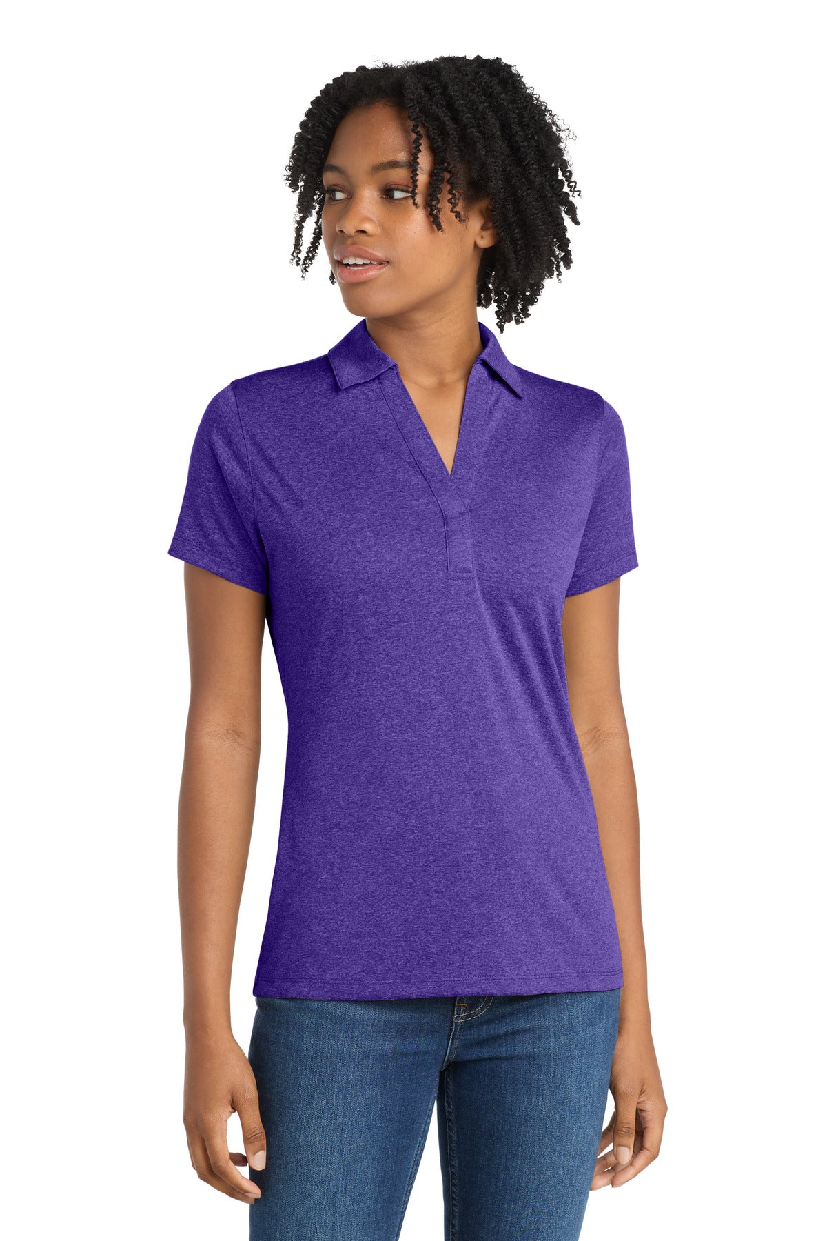 Custom logo Sport-Tek® Women's Heather Contender™ Polo. LST660 in Varsity Purple Heather
