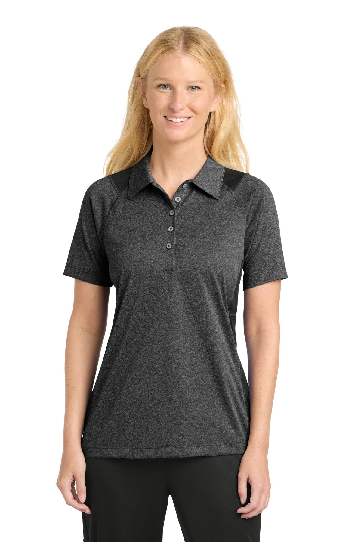 Custom logo Sport-Tek® Women's Heather Colorblock Contender™ Polo. LST665 in Graphite Heather/ Black