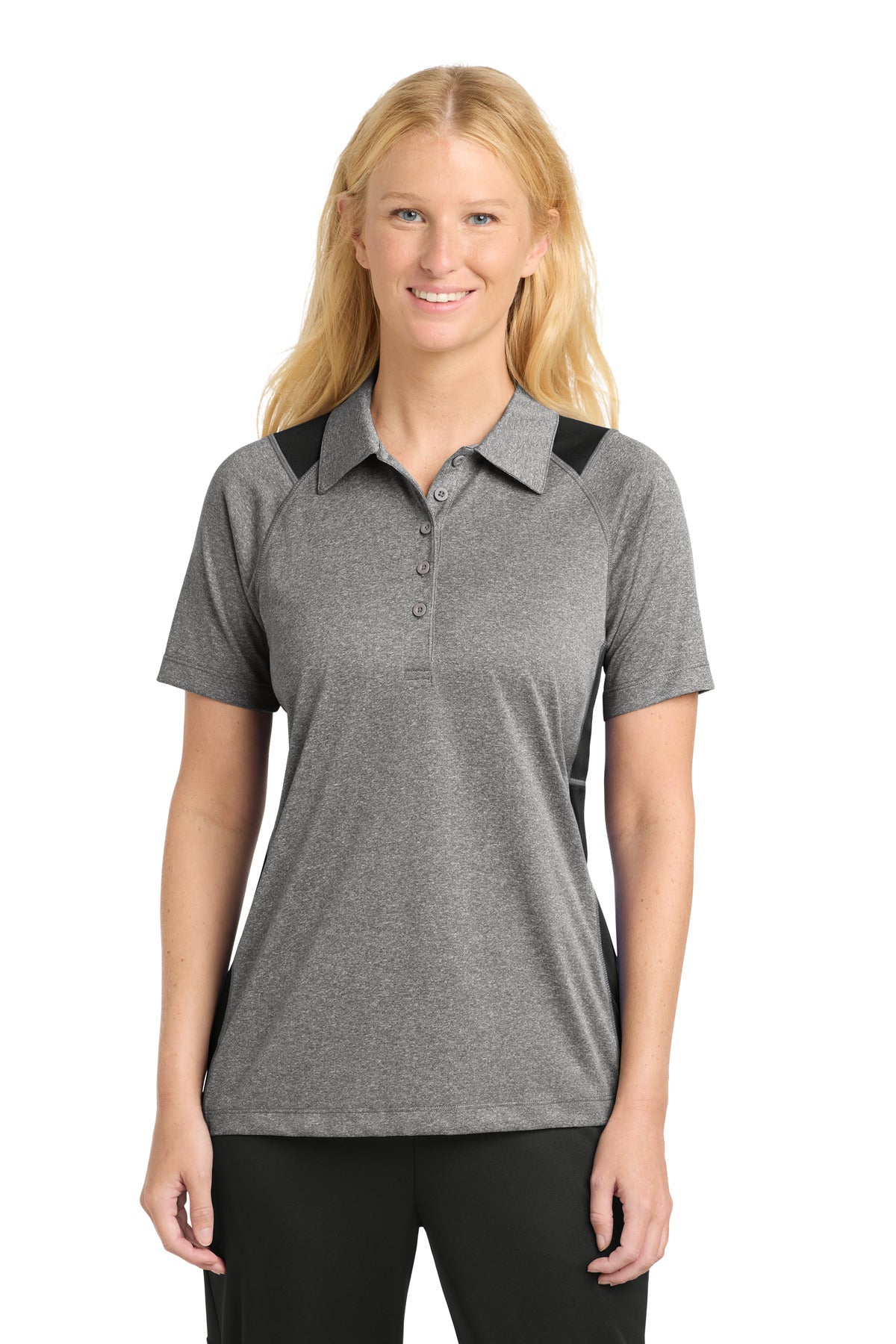 Custom logo Sport-Tek® Women's Heather Colorblock Contender™ Polo. LST665 in Vintage Heather/ Black