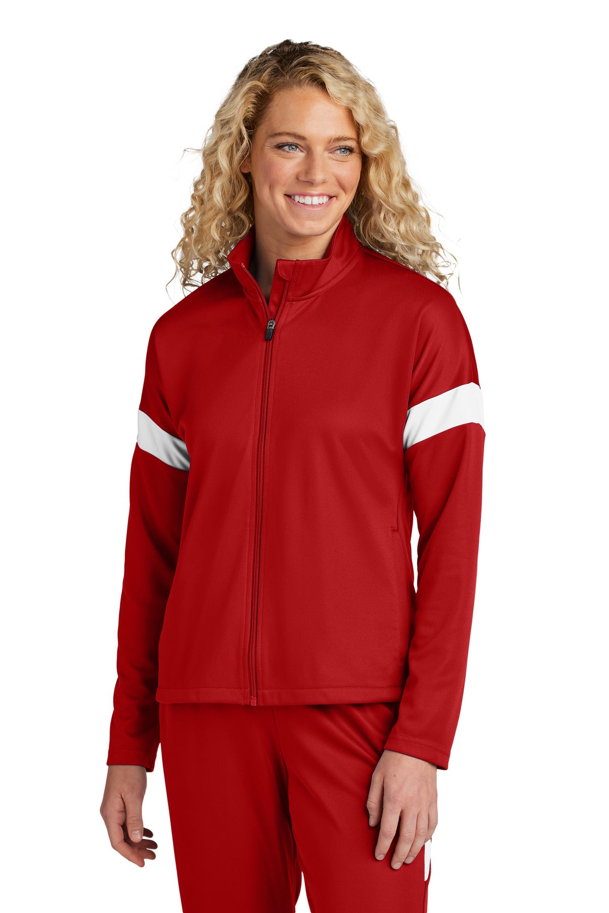 Custom logo Sport-Tek® Women's Travel Full-Zip Jacket LST800 in Deep Red/ White