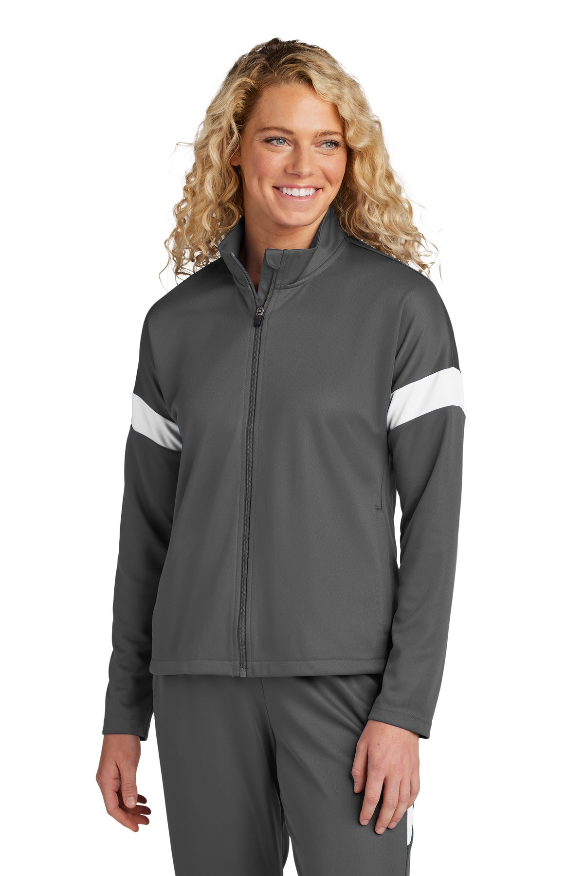 Custom logo Sport-Tek® Women's Travel Full-Zip Jacket LST800 in Iron Grey/ White