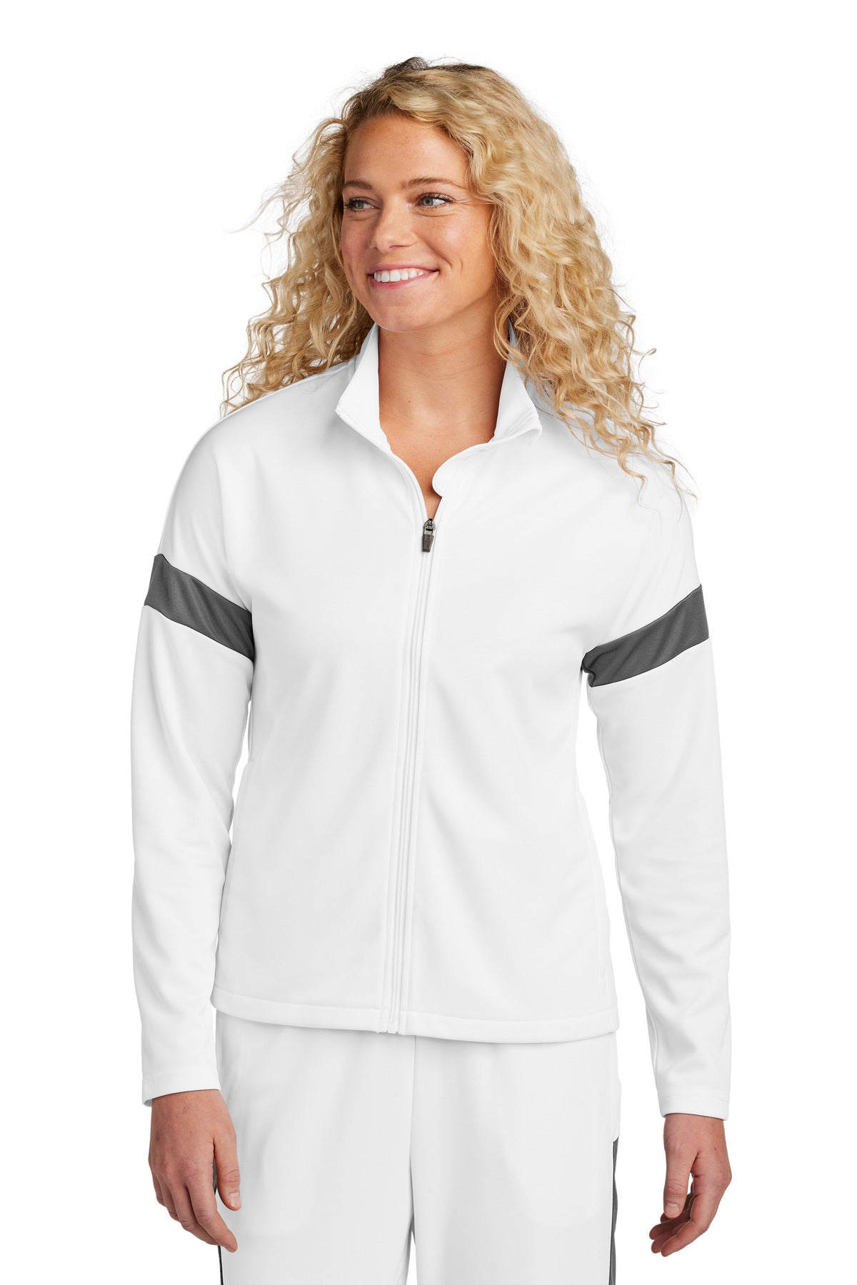 Custom logo Sport-Tek® Women's Travel Full-Zip Jacket LST800 in White/ Iron Grey