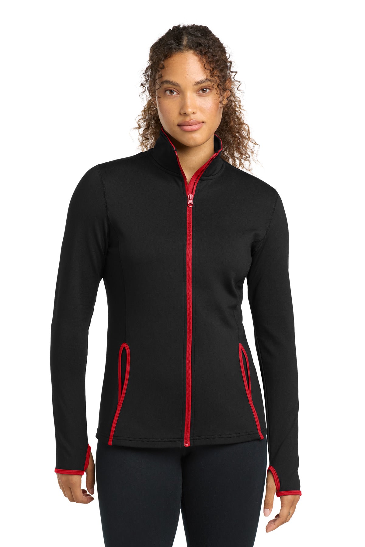 Custom logo Sport-Tek® Women's Sport-Wick® Stretch Contrast Full-Zip Jacket.  LST853 in Black/ True Red