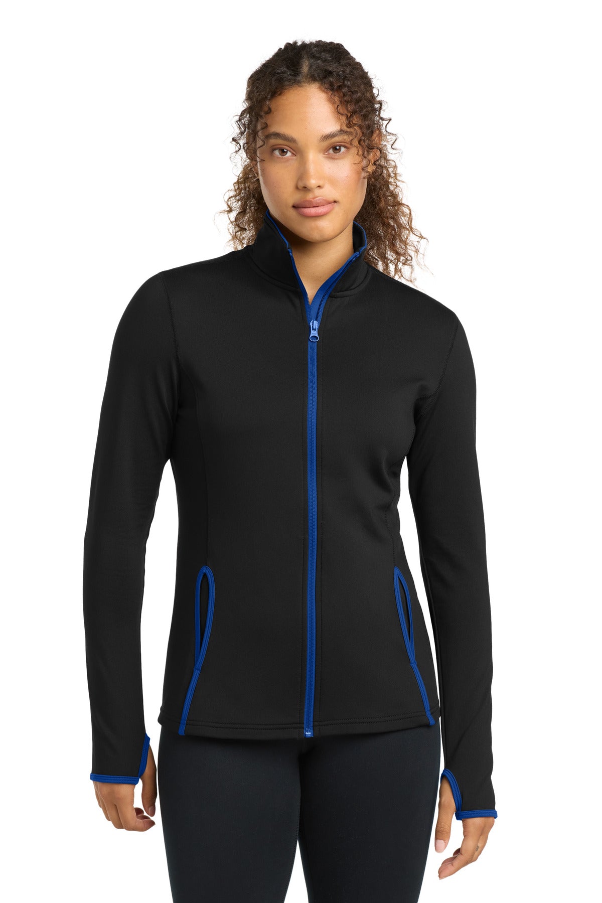 Custom logo Sport-Tek® Women's Sport-Wick® Stretch Contrast Full-Zip Jacket.  LST853 in Black/ True Royal