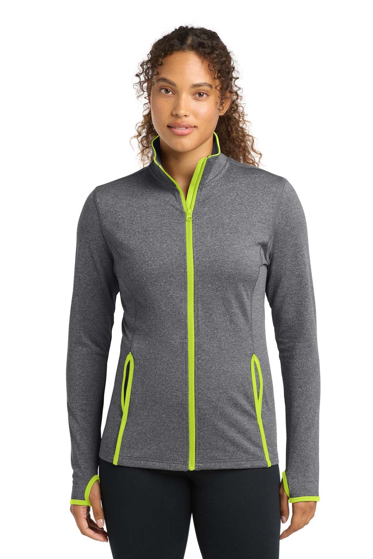 Custom logo Sport-Tek® Women's Sport-Wick® Stretch Contrast Full-Zip Jacket.  LST853 in Charcoal Grey Heather/ Charge Green