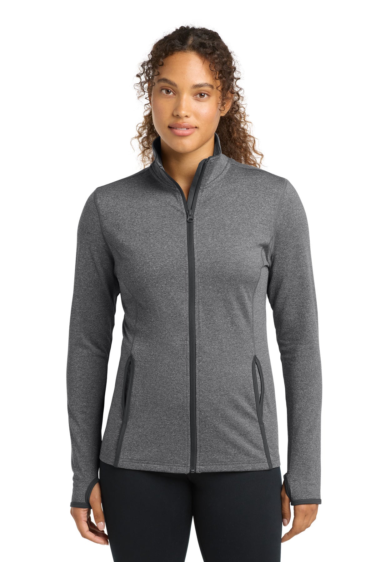 Custom logo Sport-Tek® Women's Sport-Wick® Stretch Contrast Full-Zip Jacket.  LST853 in Charcoal Grey Heather/ Charcoal Grey