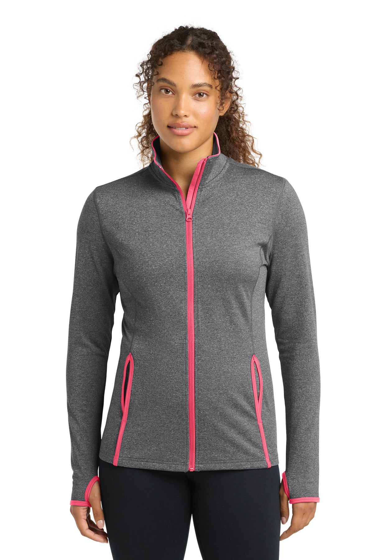 Custom logo Sport-Tek® Women's Sport-Wick® Stretch Contrast Full-Zip Jacket.  LST853 in Charcoal Grey Heather/ Hot Coral