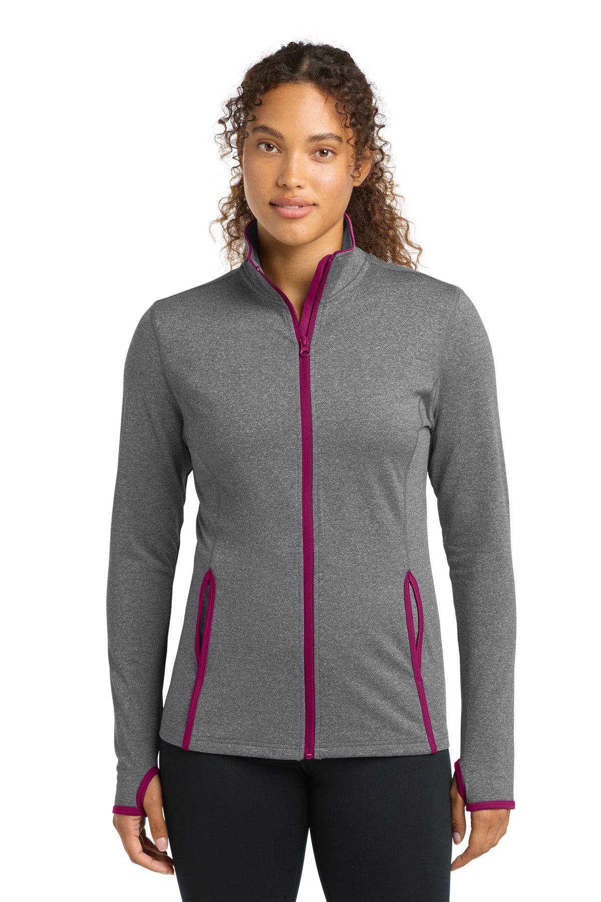 Custom logo Sport-Tek® Women's Sport-Wick® Stretch Contrast Full-Zip Jacket.  LST853 in Charcoal Grey Heather/ Pink Rush
