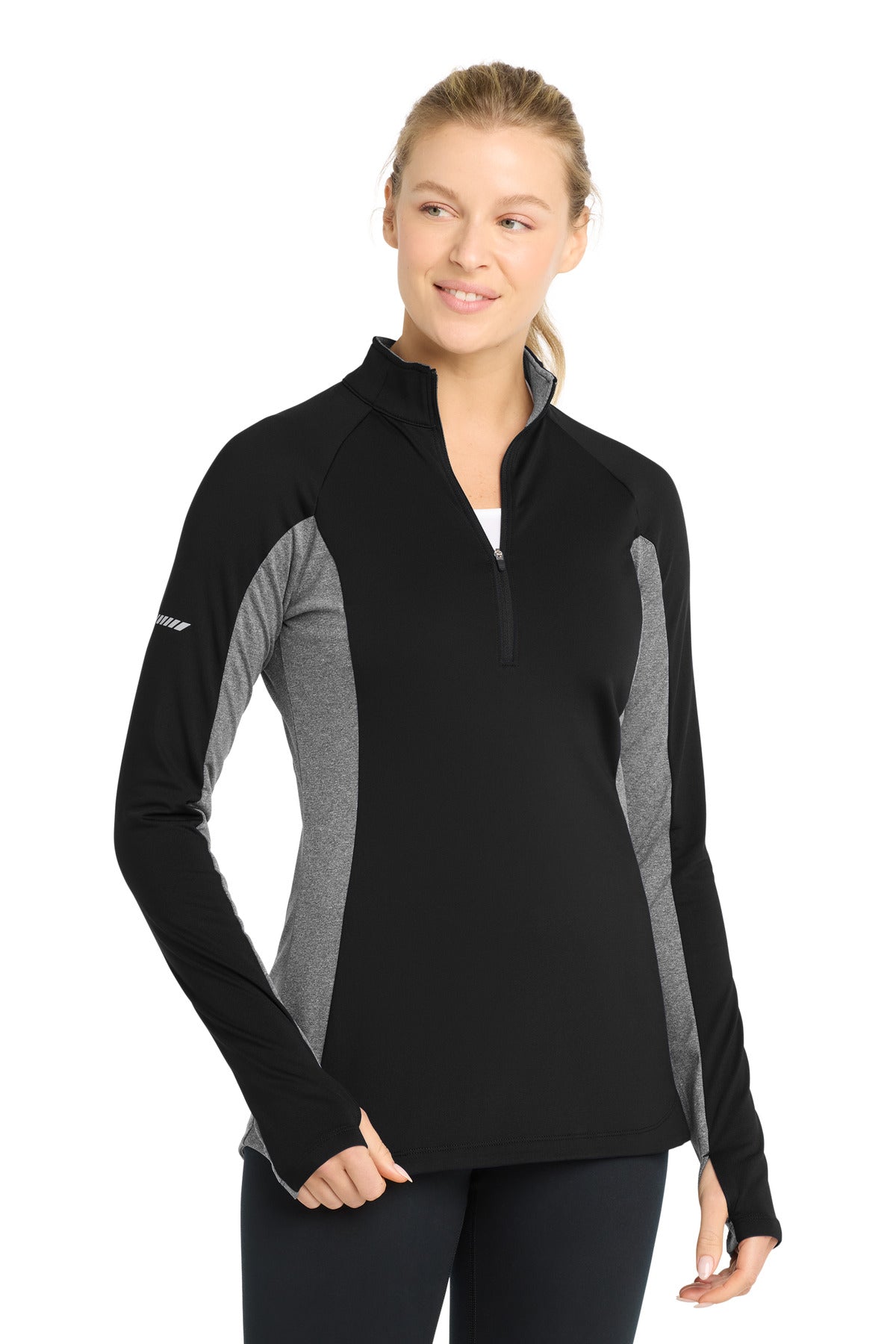 Custom logo Sport-Tek® Women's Sport-Wick® Stretch Contrast 1/4-Zip Pullover. LST854 in Black/ Charcoal Grey Heather