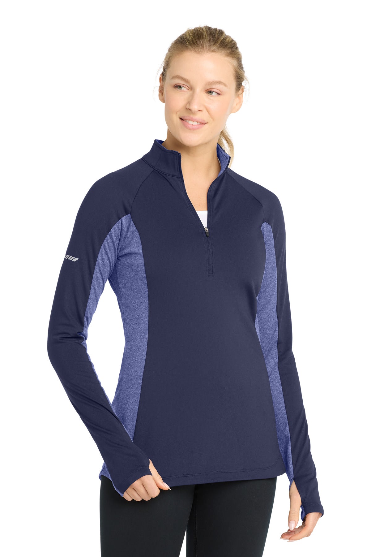Custom logo Sport-Tek® Women's Sport-Wick® Stretch Contrast 1/4-Zip Pullover. LST854 in True Navy/ True Navy Heather