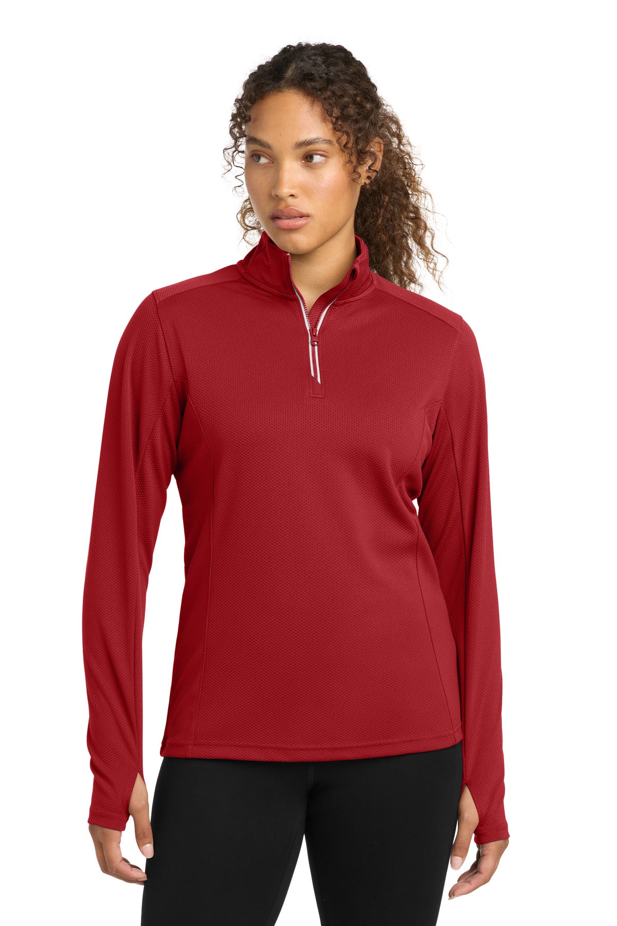 Custom logo Sport-Tek® Women's Sport-Wick® Textured 1/4-Zip Pullover.  LST860 in Deep Red