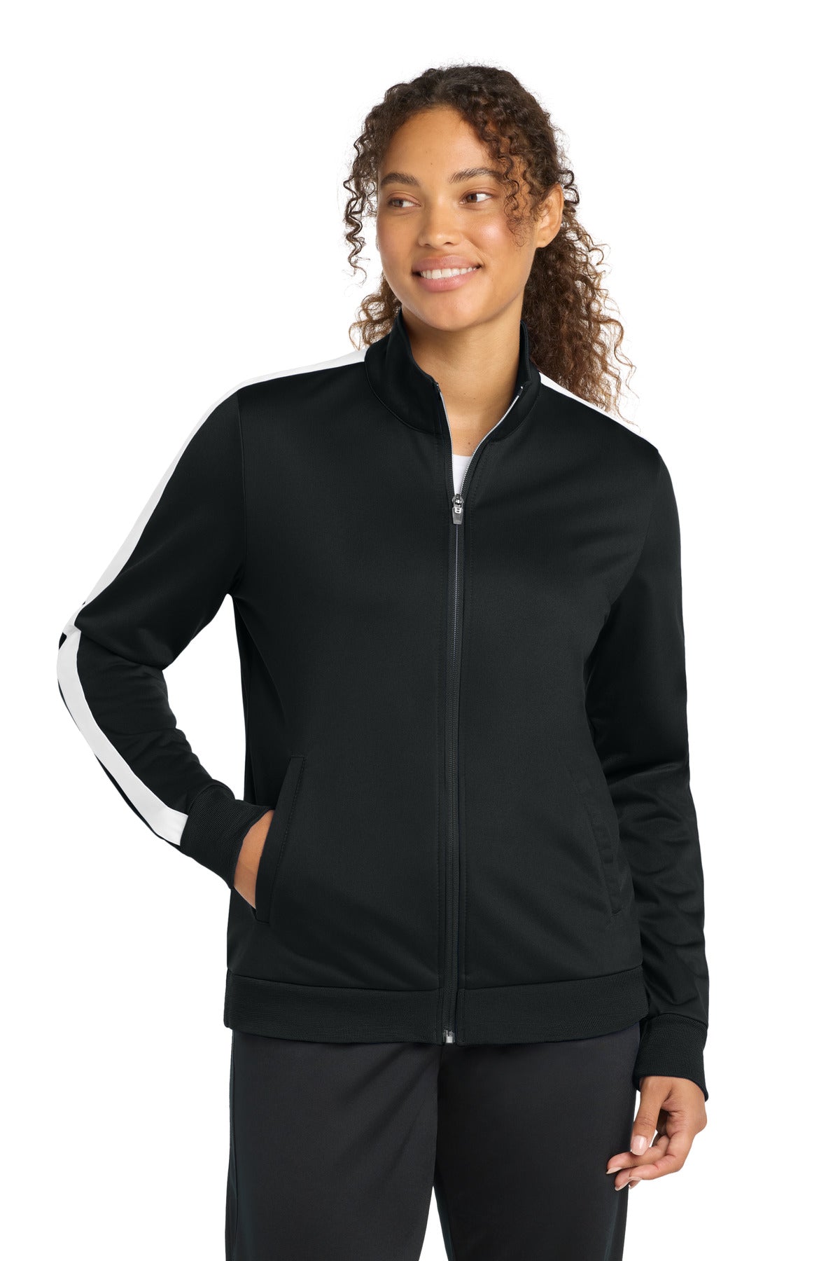 Custom logo Sport-Tek ® Women's Tricot Sleeve Stripe Track Jacket. LST94 in Black/ White