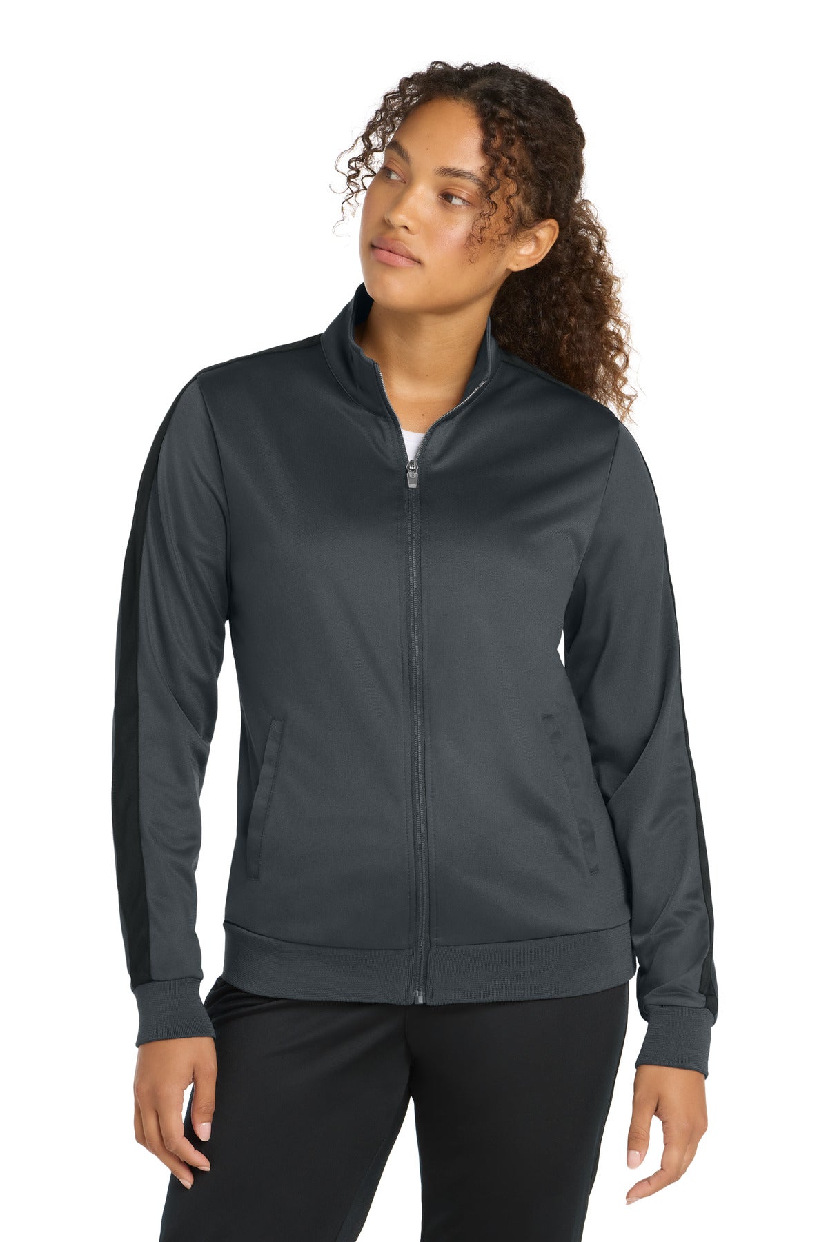Custom logo Sport-Tek ® Women's Tricot Sleeve Stripe Track Jacket. LST94 in Graphite/ Black